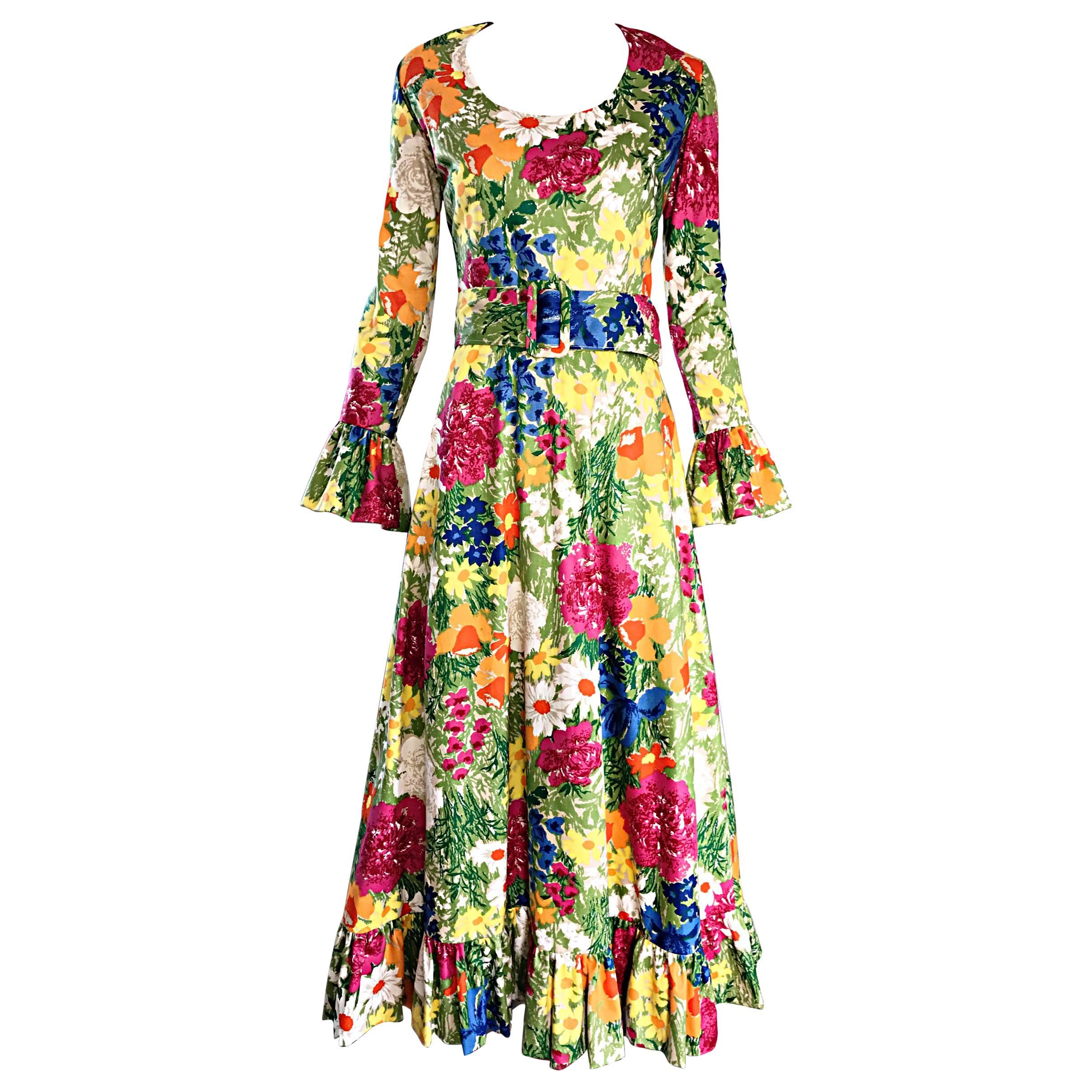 Carmen G Vintage 1970s Flower 70s Boho Belted Floral Cotton Maxi Dress