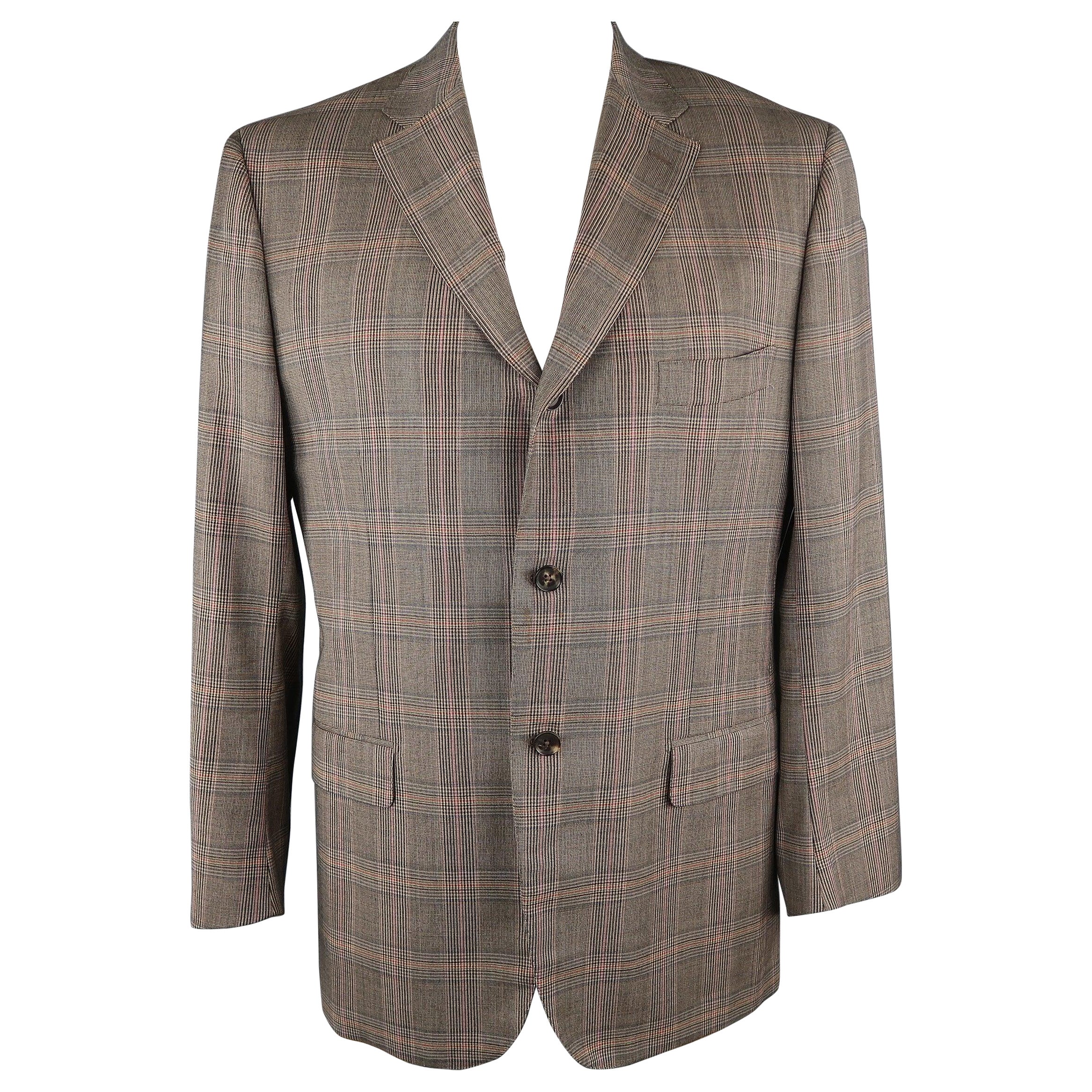 ISAIA Size 46 Long Brown Plaid Wool Notch Lapel Sport Coat For Sale