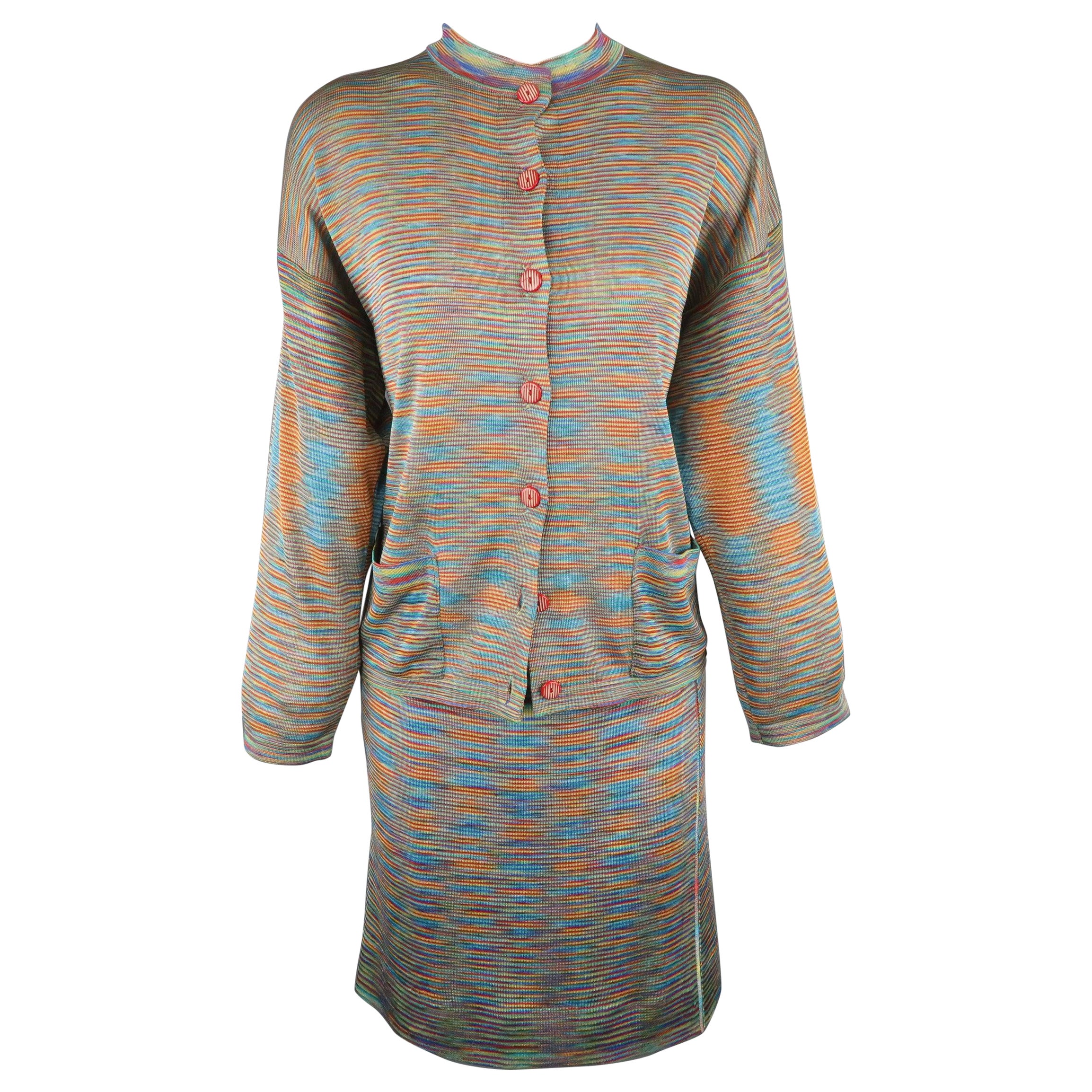 MISSONI - Ensemble cardigan et jupe en tricot de rayonne multicolore, taille 8 en vente