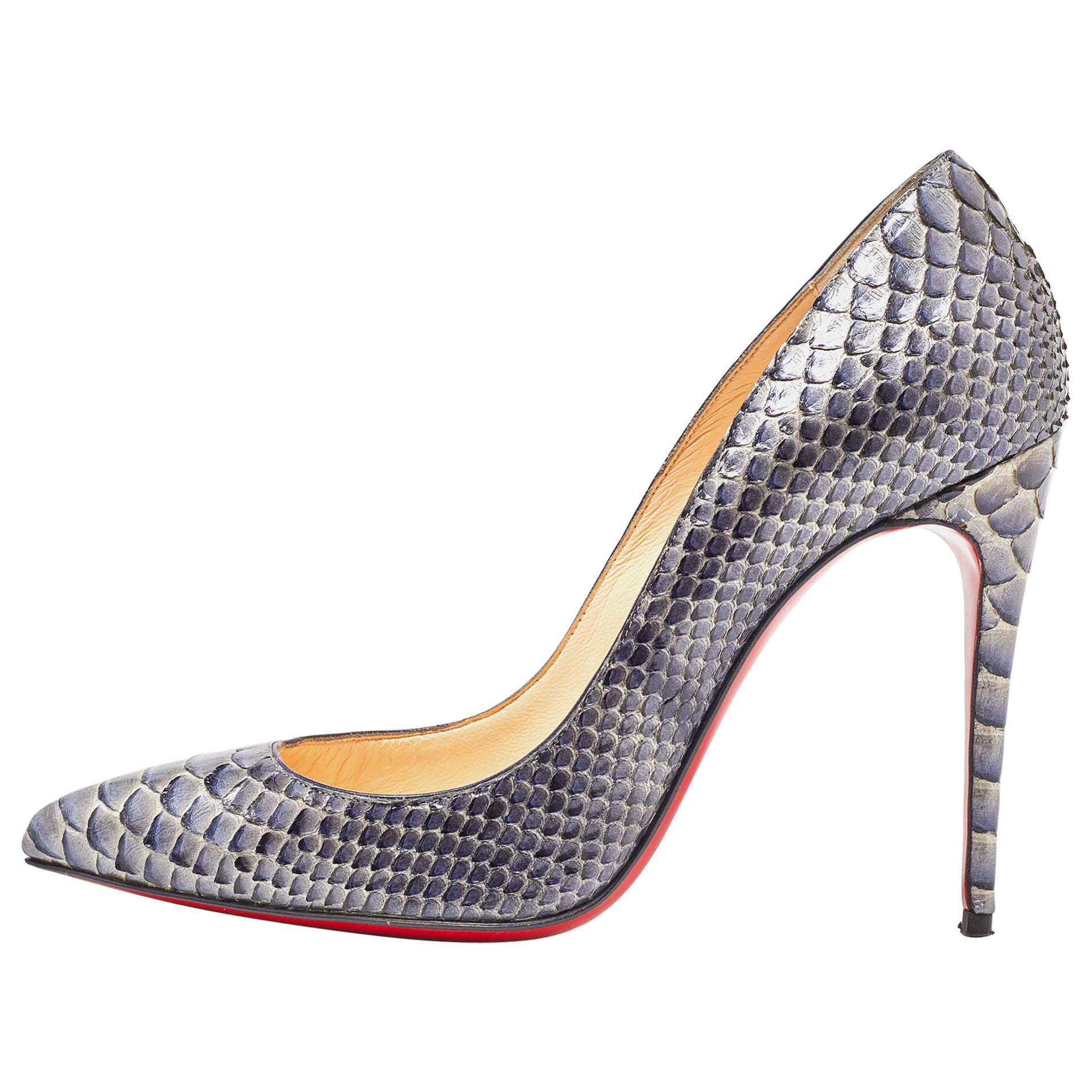 Christian Louboutin Metallic Grey Python Leather So Kate Pointed Toe Pumps Size  For Sale