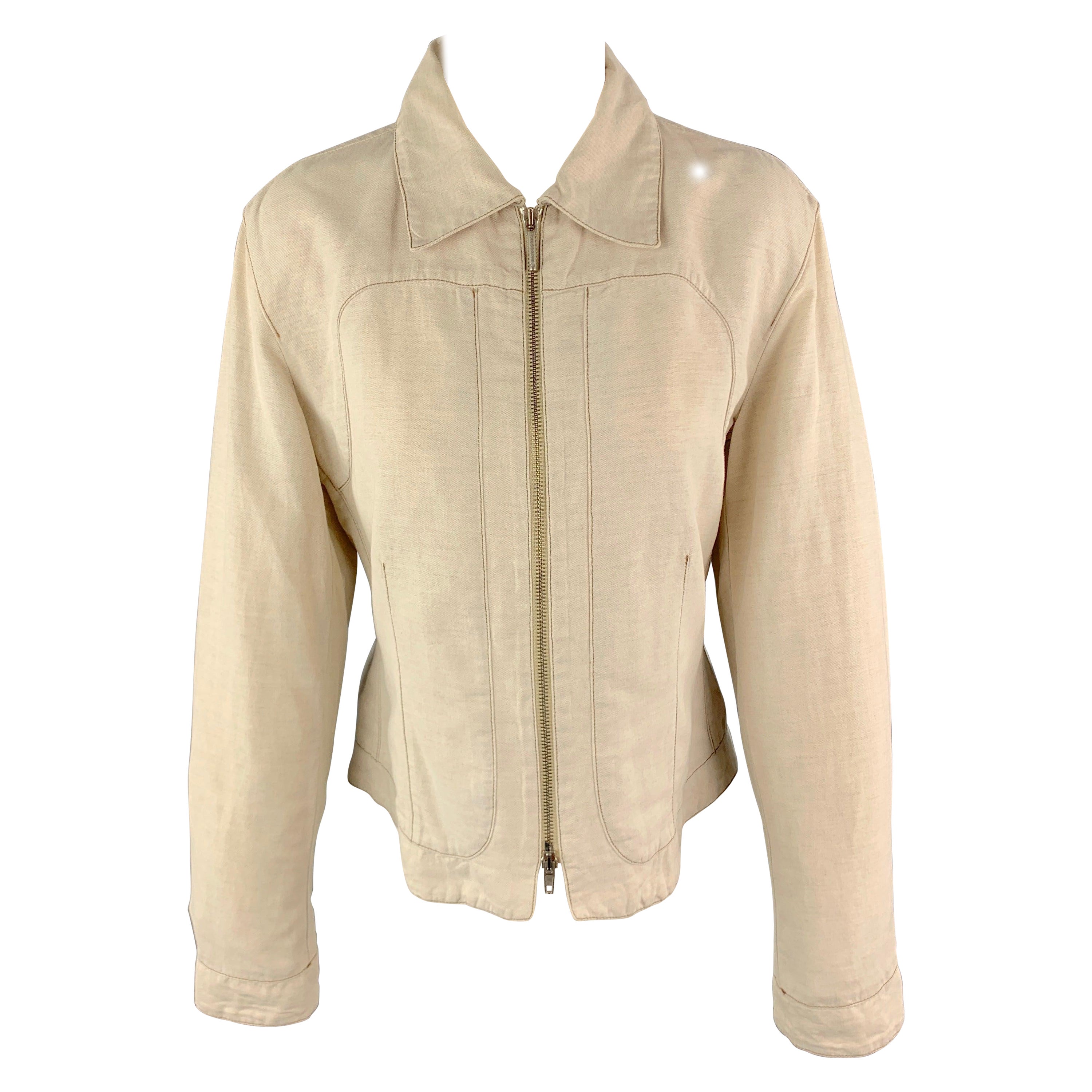 TRUSSARDI Size S Beige Cotton / Flax Zip Up Contrast Stitch Jacket For Sale