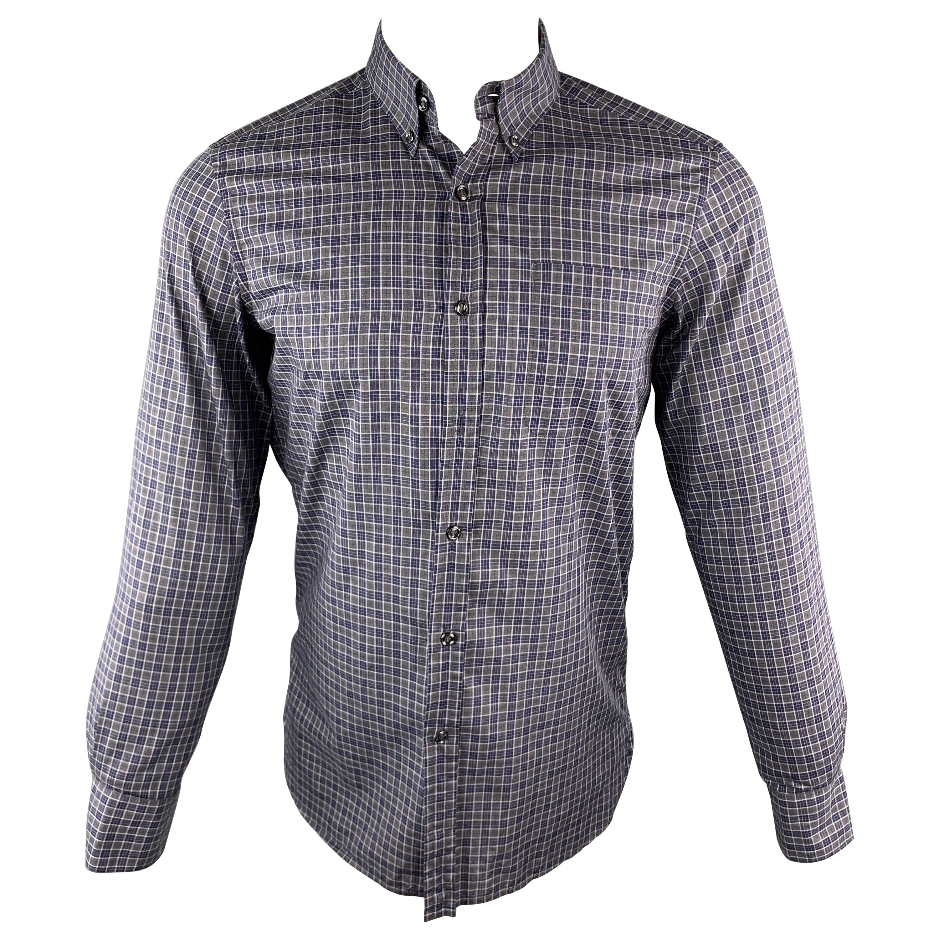 YVES SAINT LAURENT Size S Gray & Navy Plaid Cotton Button Down Long Sleeve Shirt For Sale