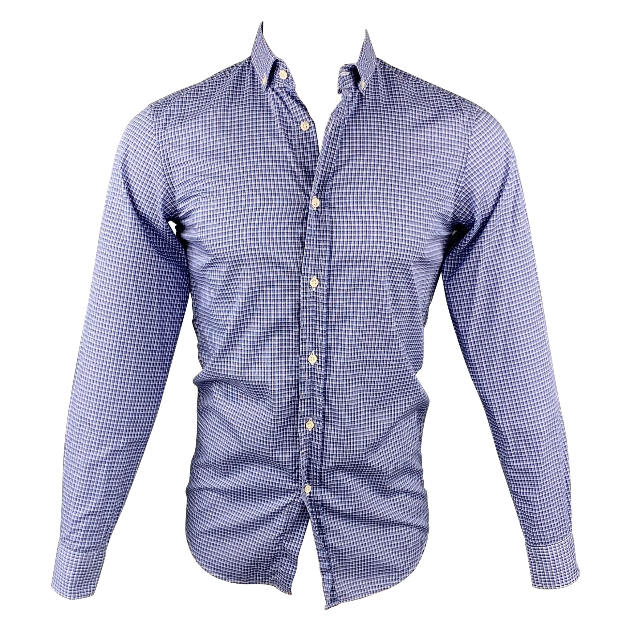 RALPH LAUREN Black Label Size S Blue Plaid Cotton Button Down Long Sleeve Shirt For Sale