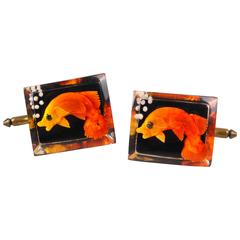 1940s-1950s Clear Plastic Lucite Reversed Handcarved Gold Fish Cuff Links