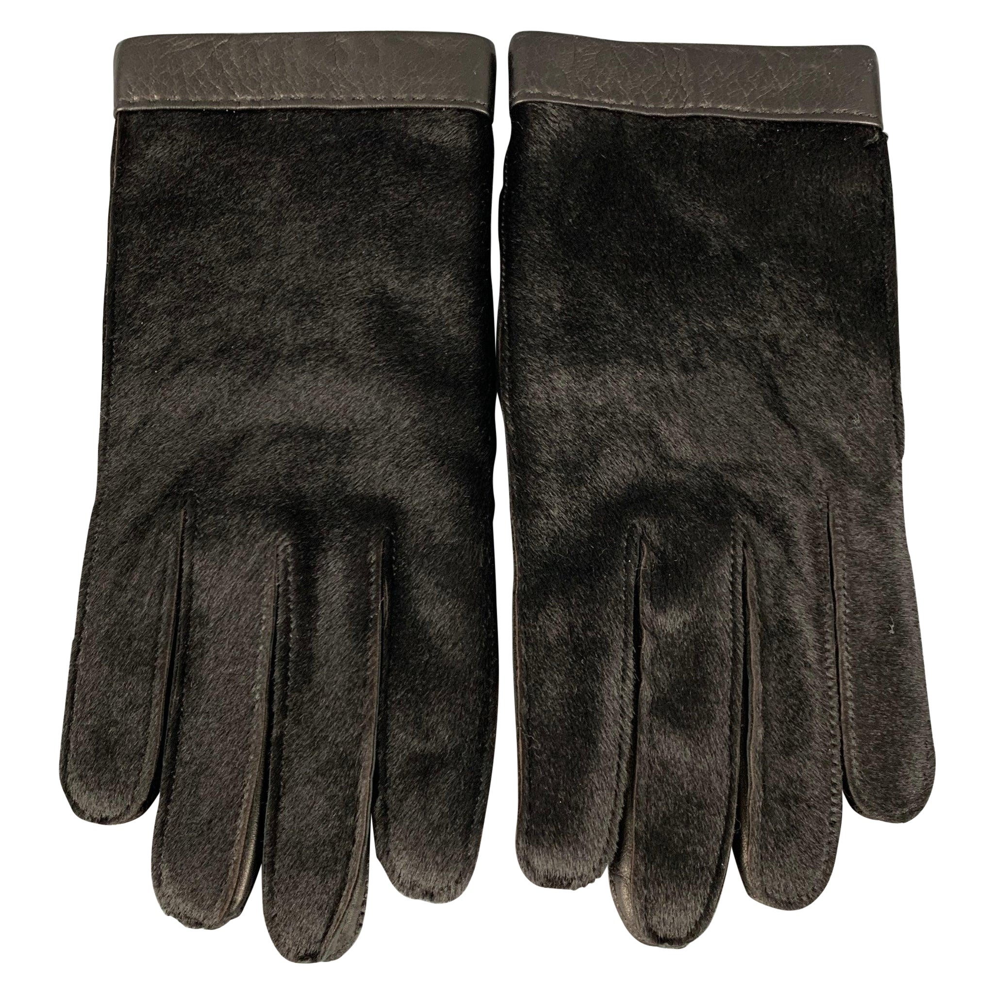 BERGDORF GOODMAN Size 8.5 Black Calf Hair Leather Gloves For Sale