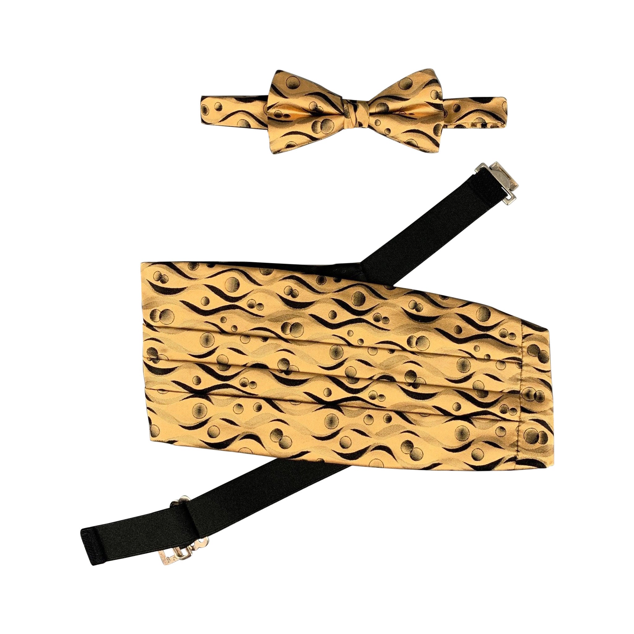 NEIMAN MARCUS Yellow Black Abstract Silk Cummerbund Bow Tie Set