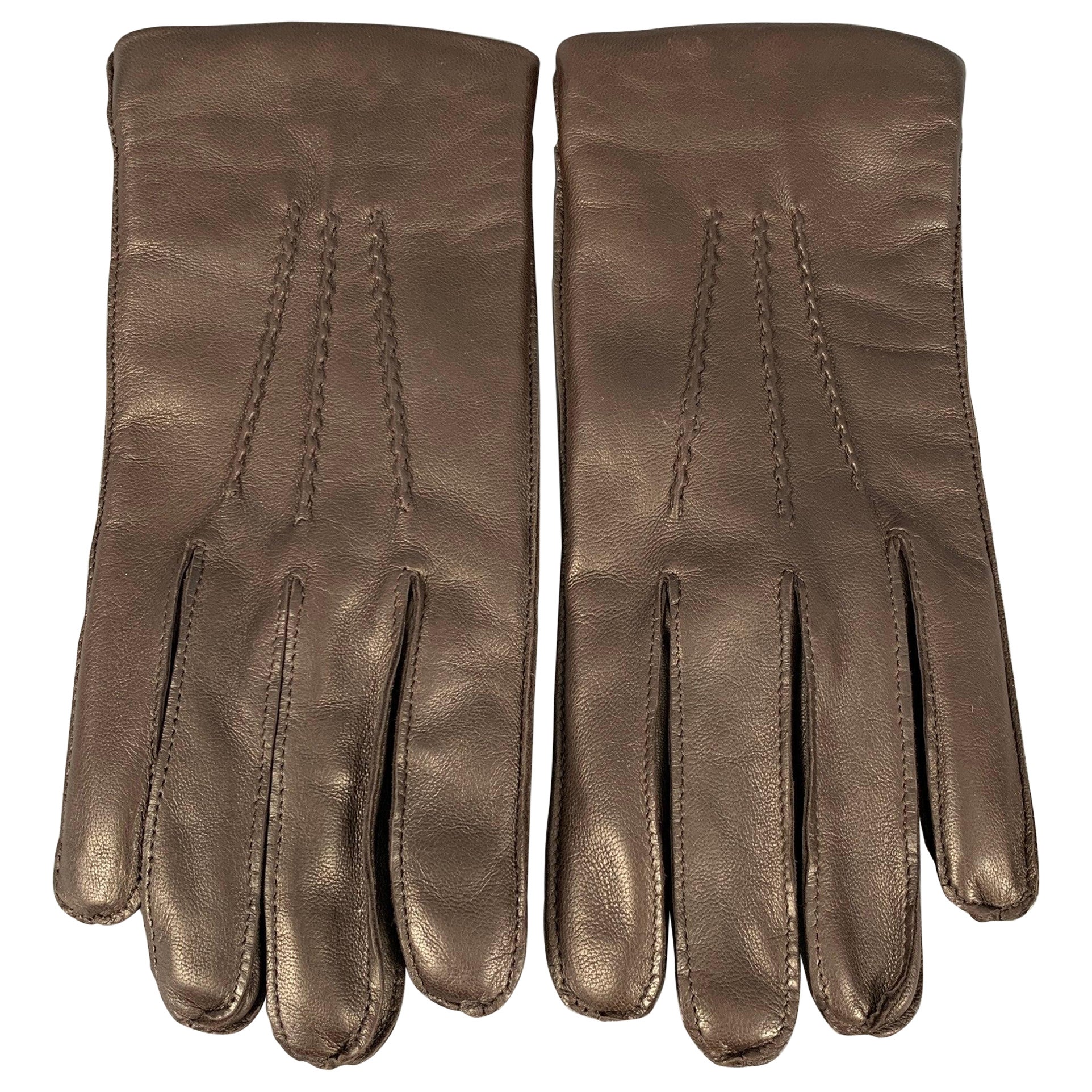 RALPH LAUREN Size 9 Brown Leather Cashmere Gloves For Sale