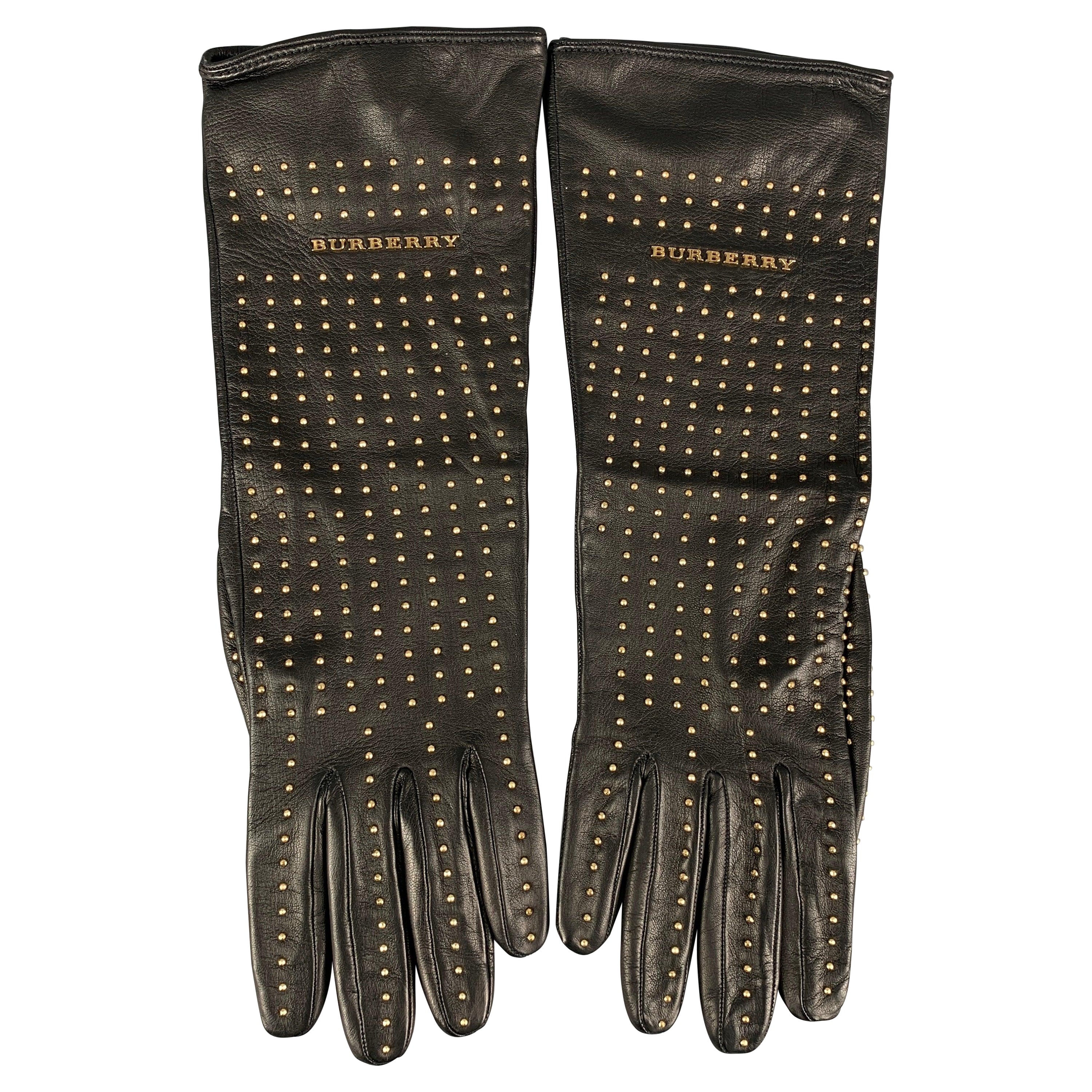 BURBERRY PRORSUM Black Gold Studded Kidskin Leather Silk Lined Gloves For Sale