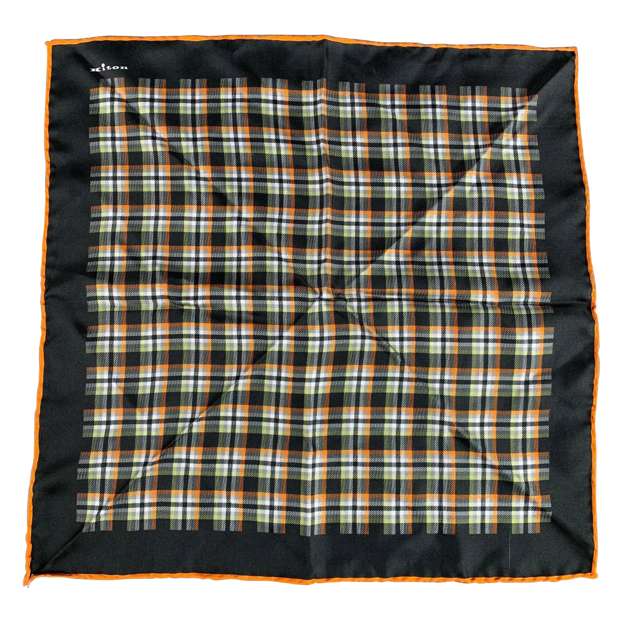 KITON Black Orange Green Plaid Silk Pocket Square