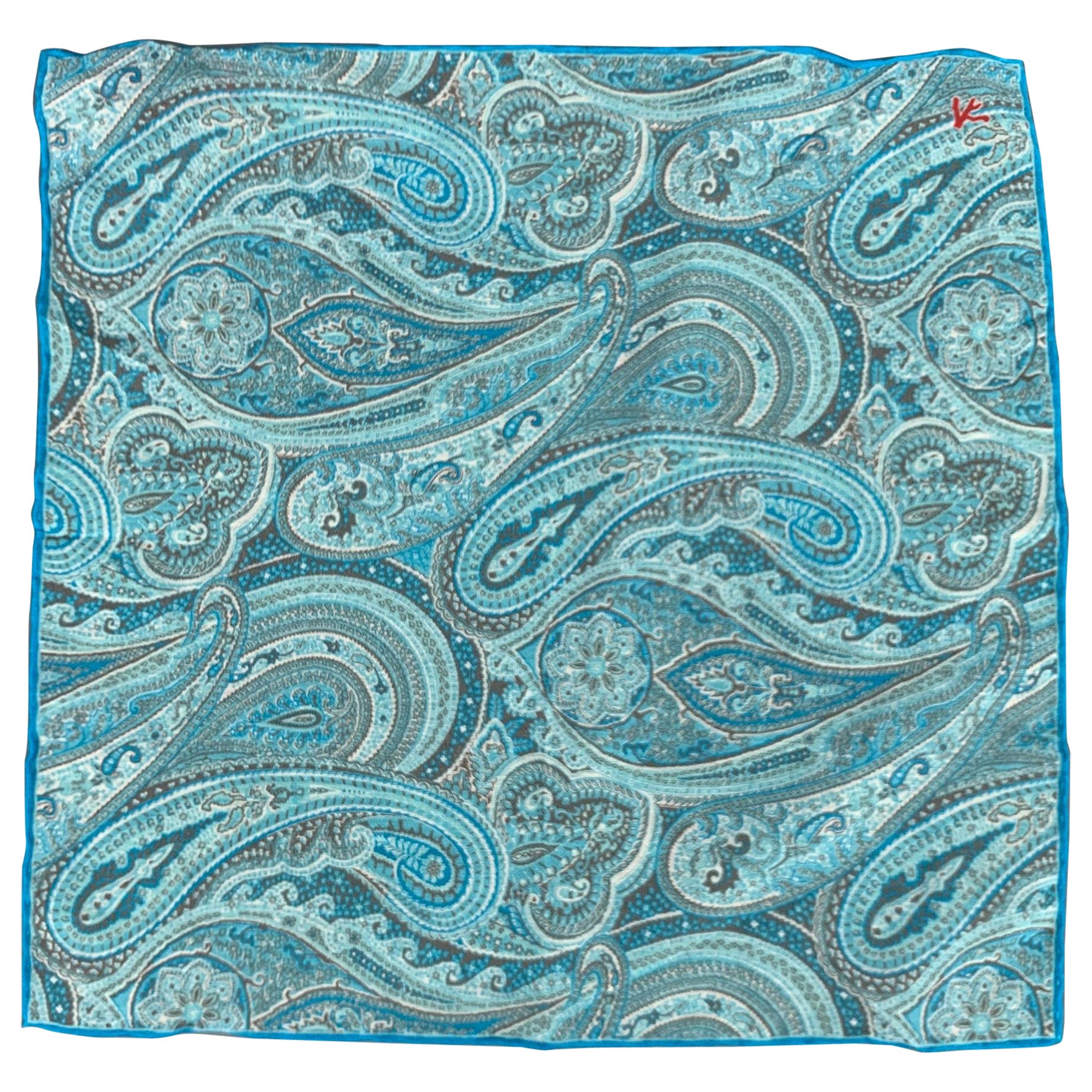 ISAIA Turquoise Taupe Paisley Cotton Silk Pocket Square For Sale