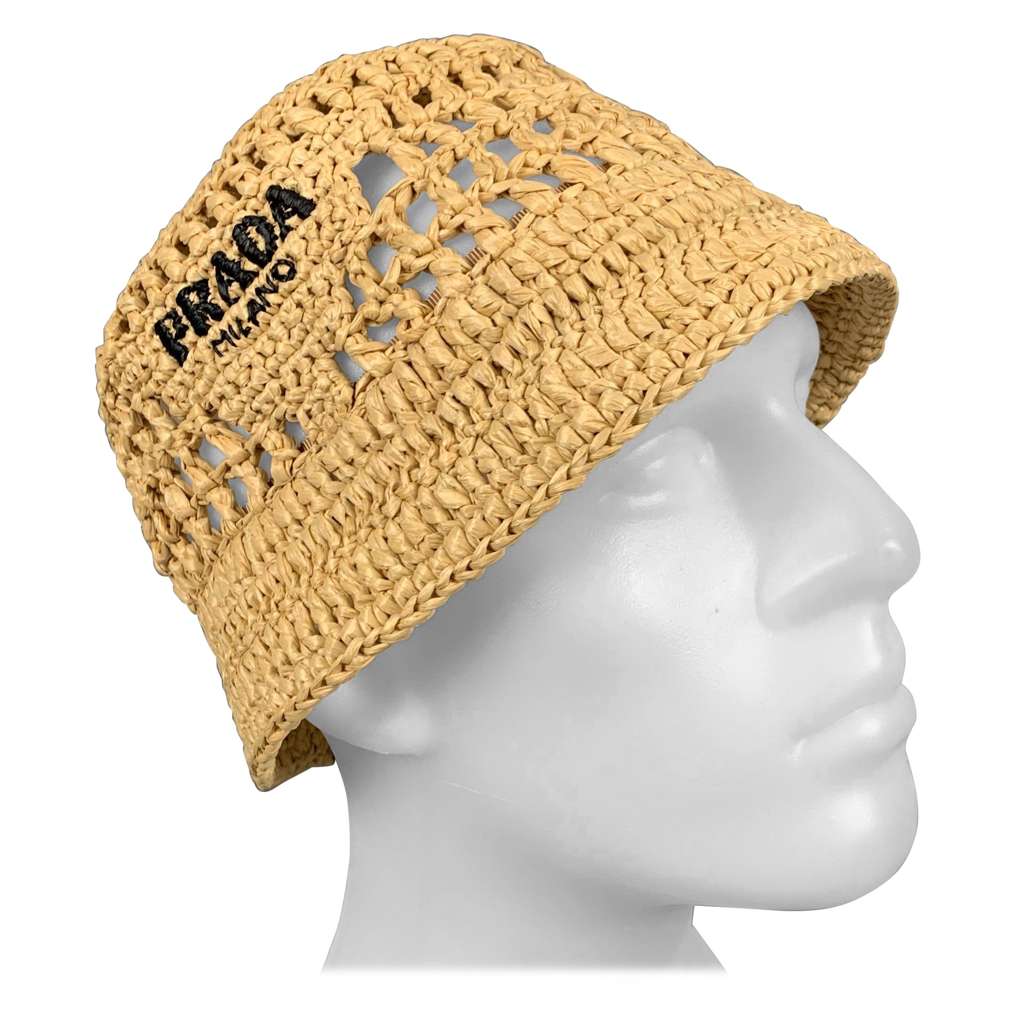 PRADA Size M Beige Natural Crochet Viscose Hat For Sale