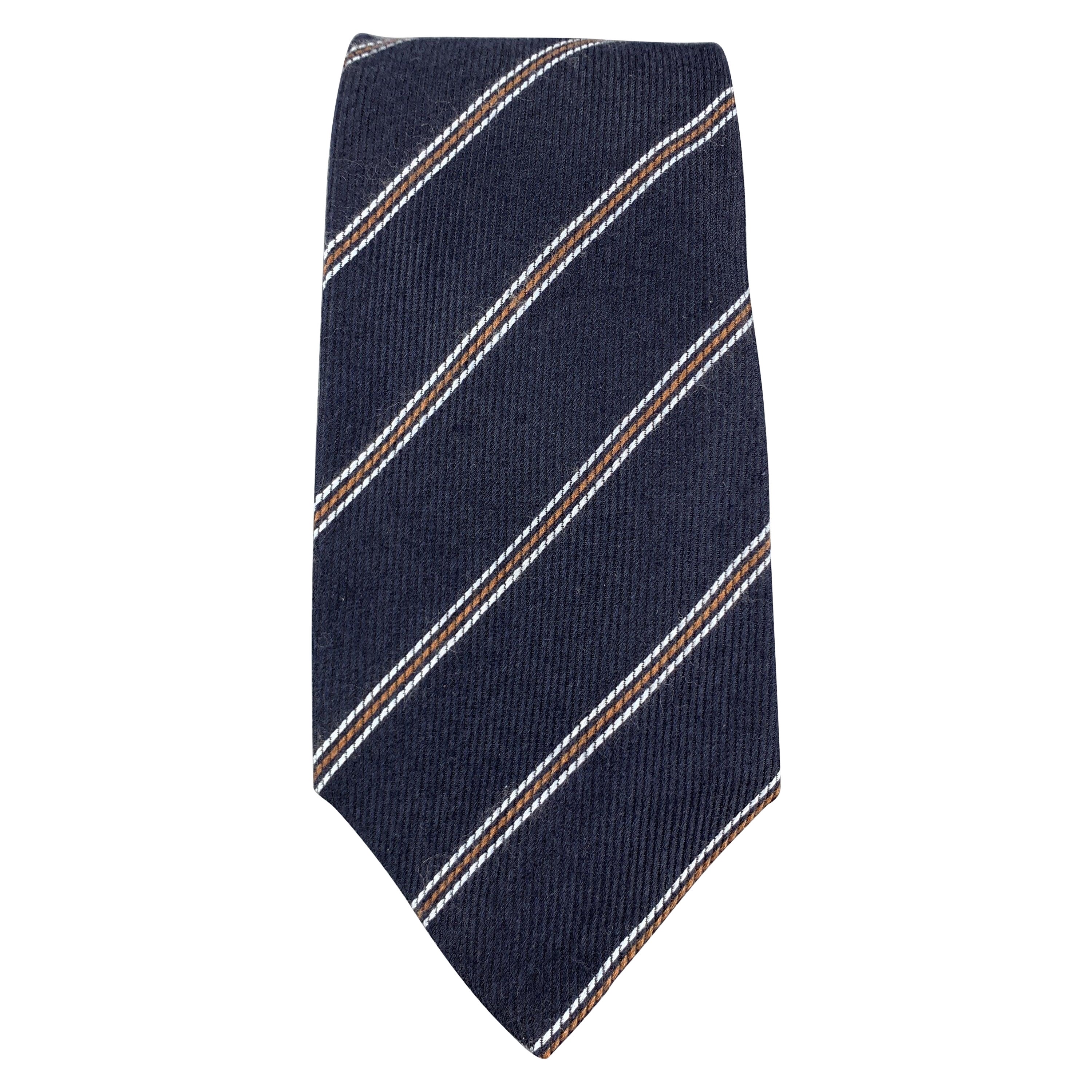 LUIGI BORRELLI Navy Striped Silk / Cashmere Tie For Sale