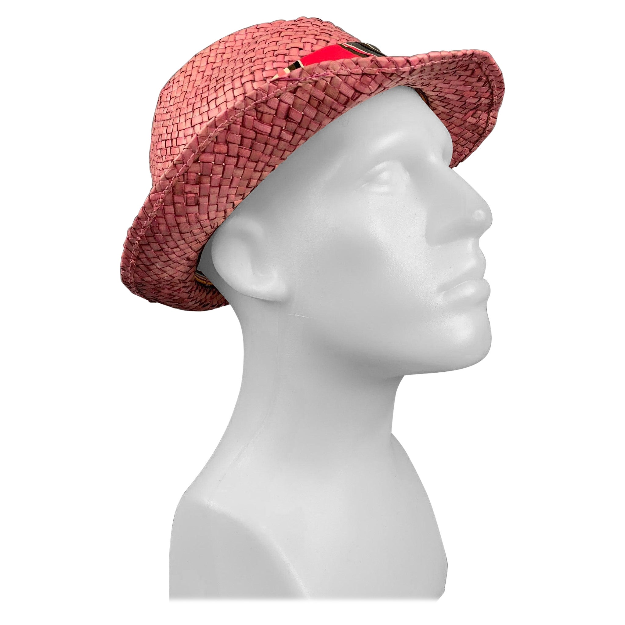 PAUL SMITH Pink Woven Straw Floral Band Hat For Sale