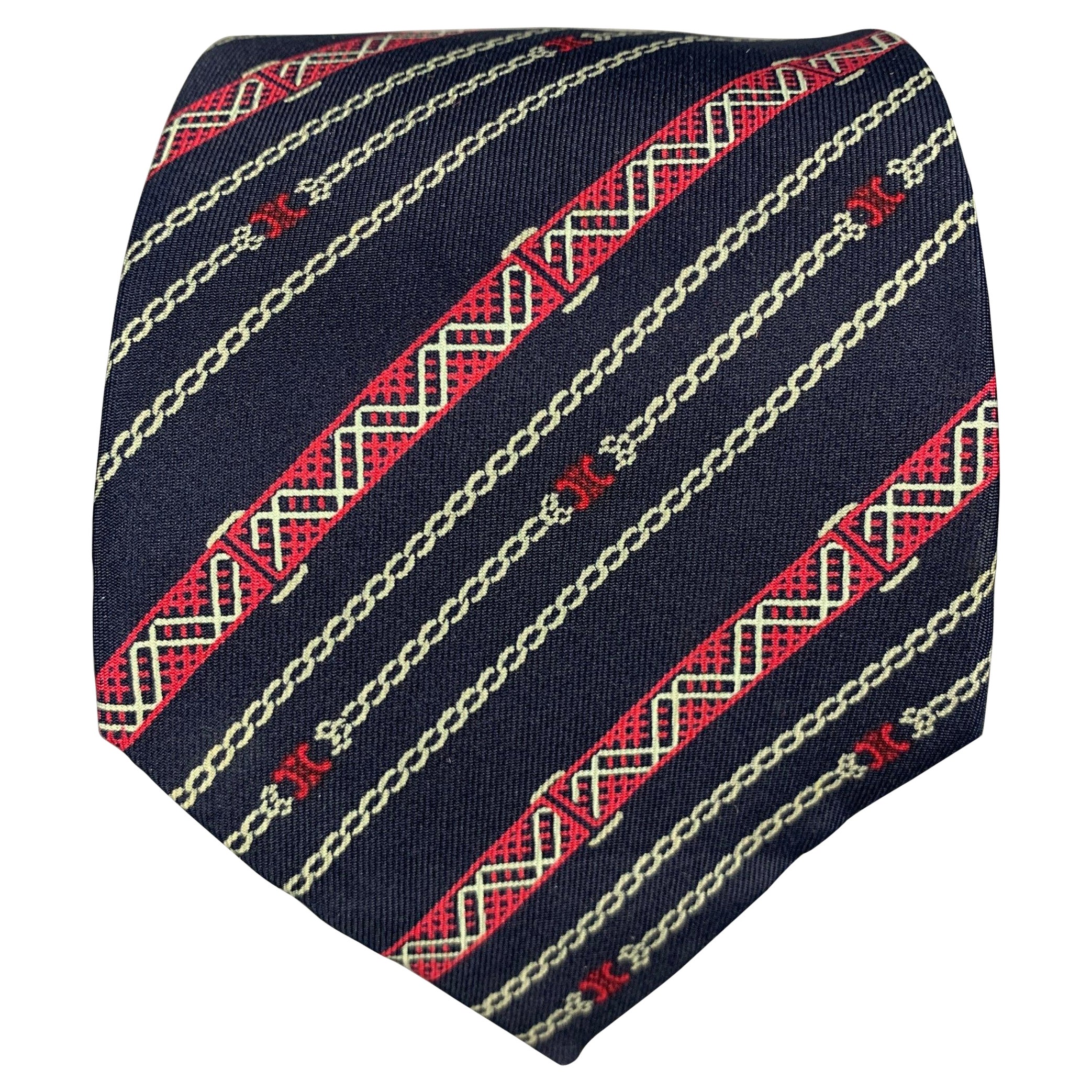 CELINE Navy Red Diagonal Stripe Silk Tie For Sale
