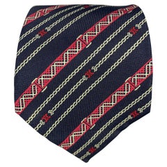 Used CELINE Navy Red Diagonal Stripe Silk Tie