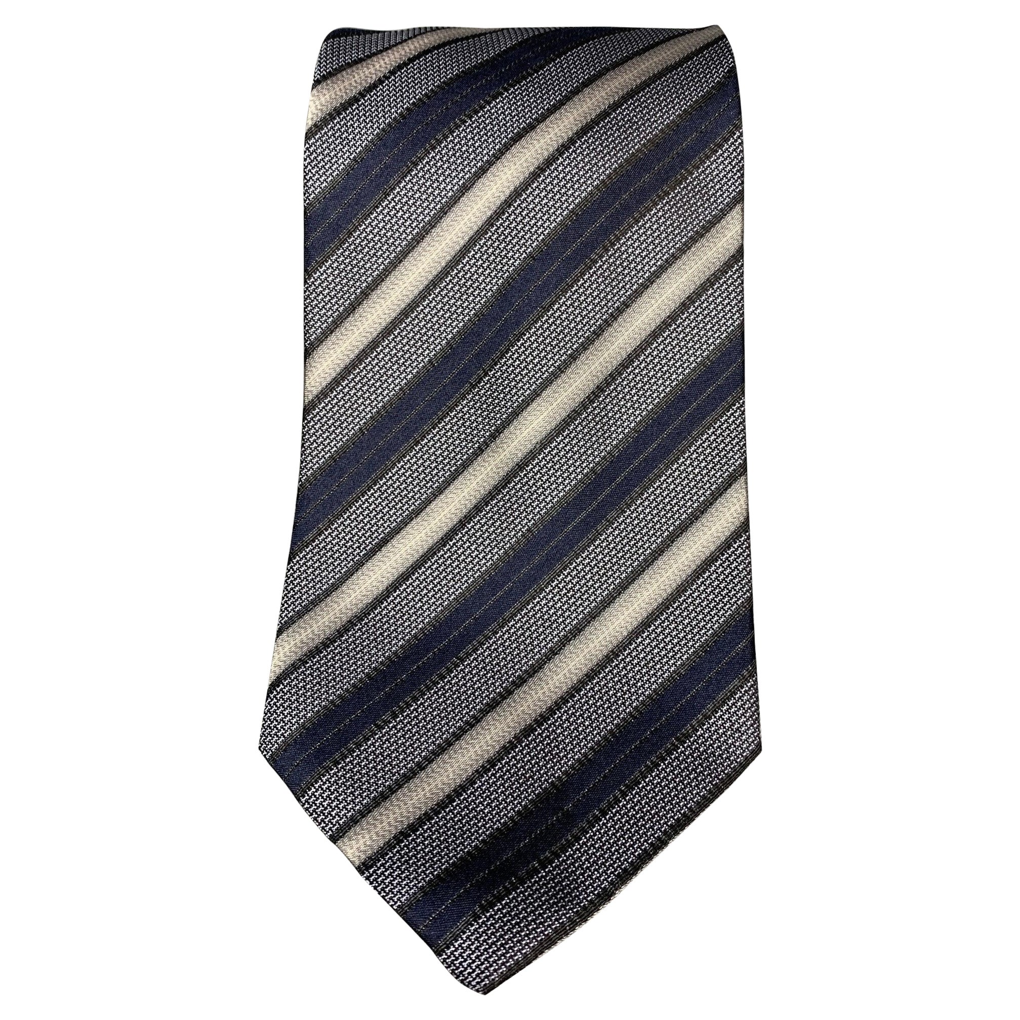 HUGO BOSS Charcoal, Black and Dark Blue Strip Silk Tie For Sale