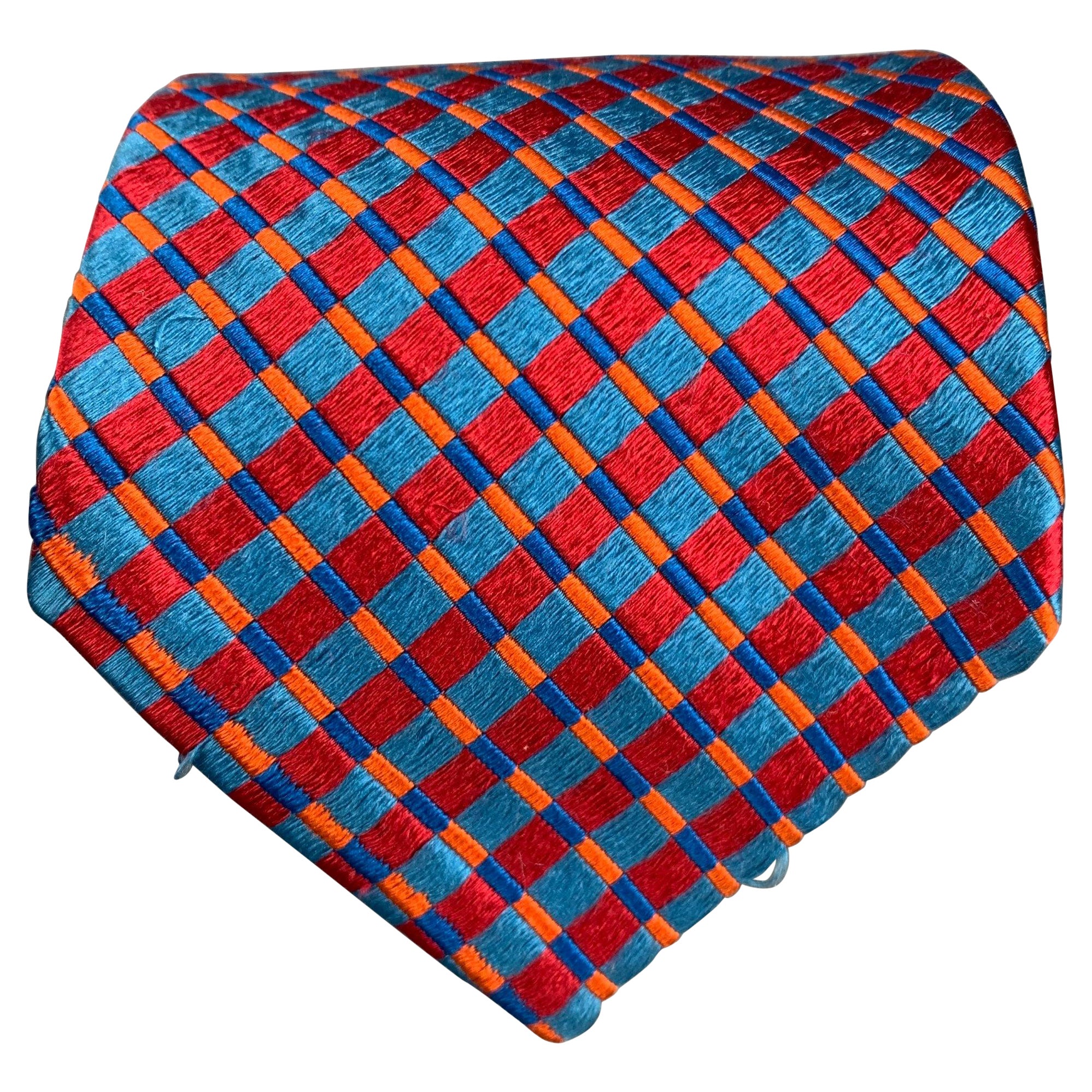 ERMENEGILDO ZEGNA Red Blue Rhombus Silk Satin Tie For Sale