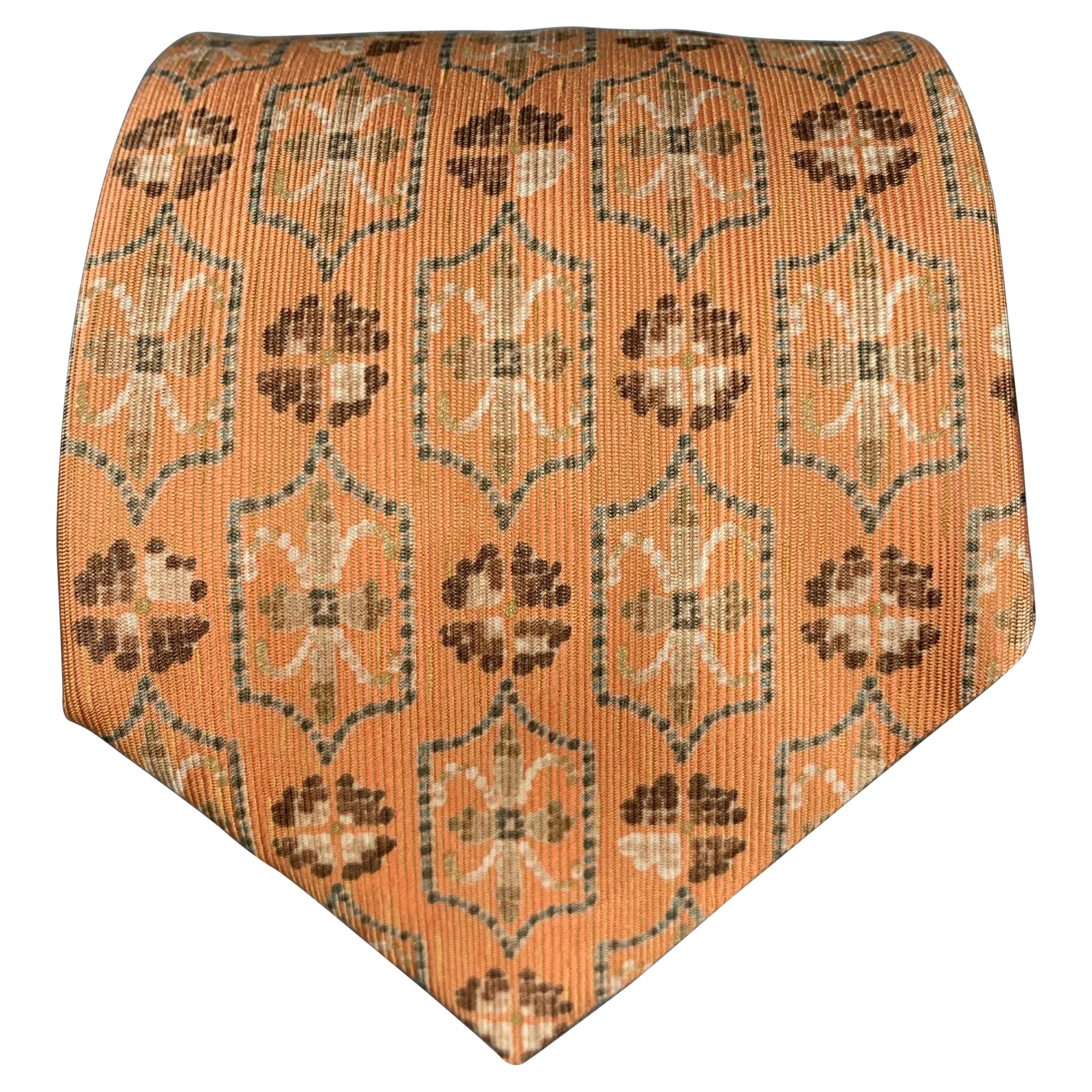 ERMENEGILDO ZEGNA Orange Beige Abstract Silk Tie For Sale