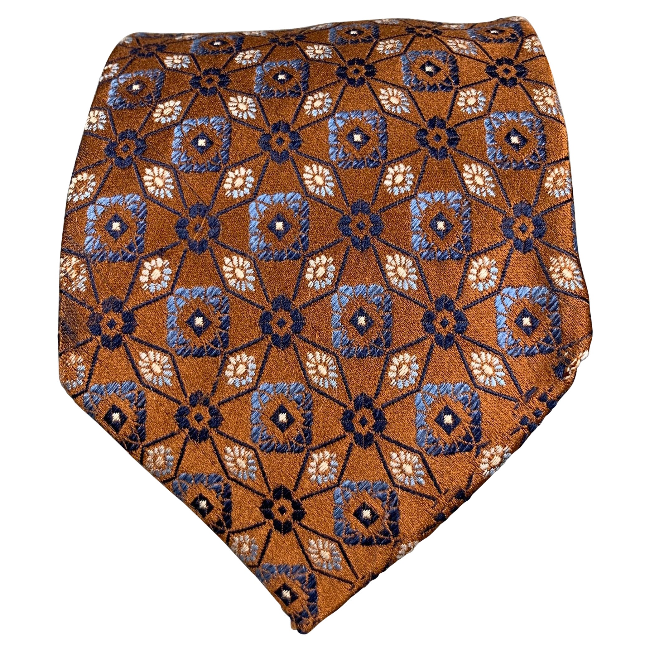 ERMENEGILDO ZEGNA Brown Navy Abstrakt Floral Seidenjacquard Krawatte im Angebot