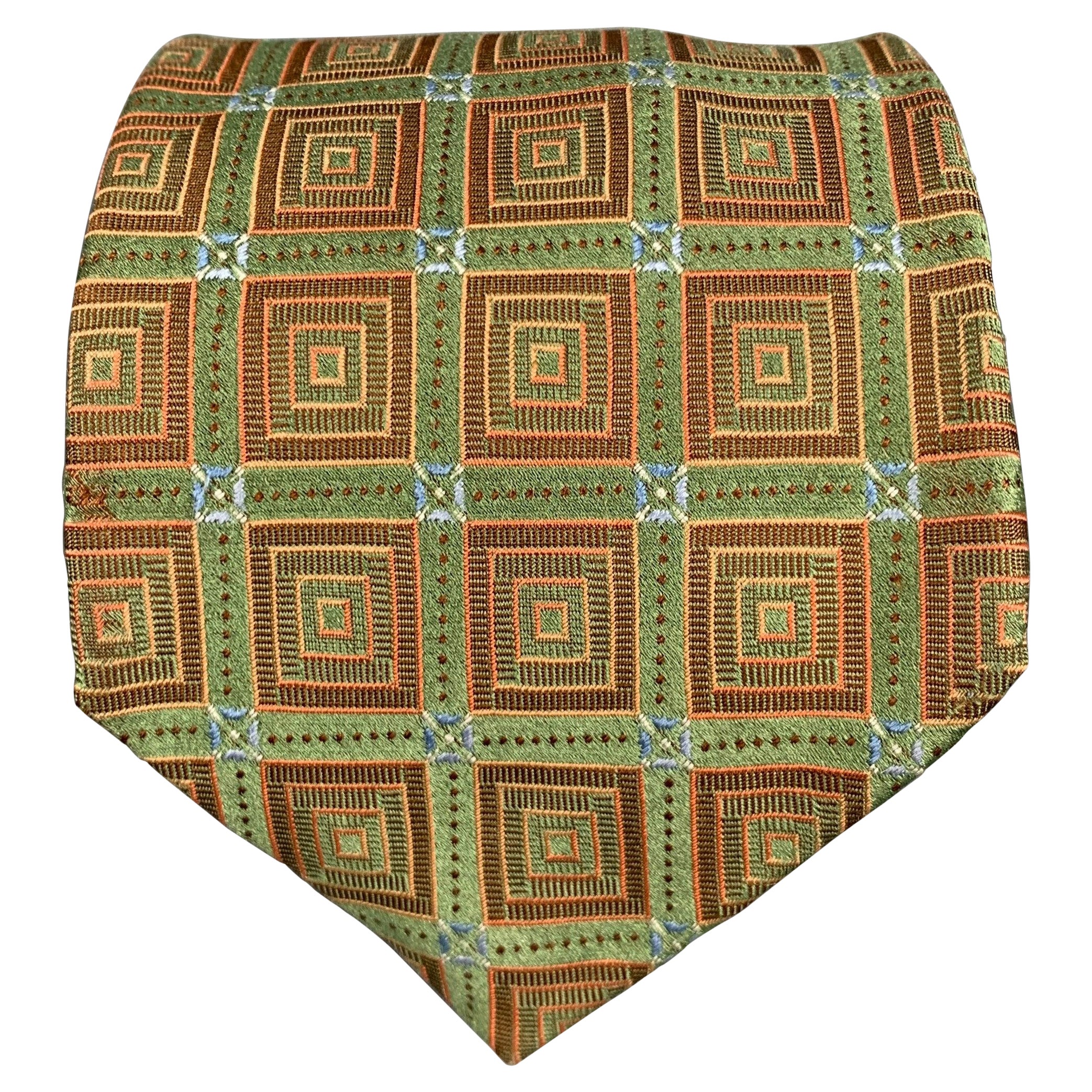 ERMENEGILDO ZEGNA Green Orange Squares Silk Jacquard Tie For Sale