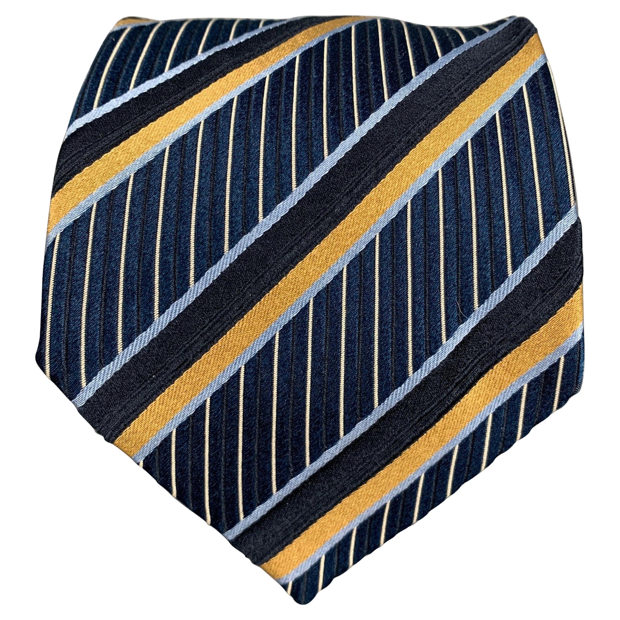ERMENEGILDO ZEGNA Navy Yellow Stripe Silk Tie For Sale