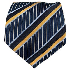 Used ERMENEGILDO ZEGNA Navy Yellow Stripe Silk Tie