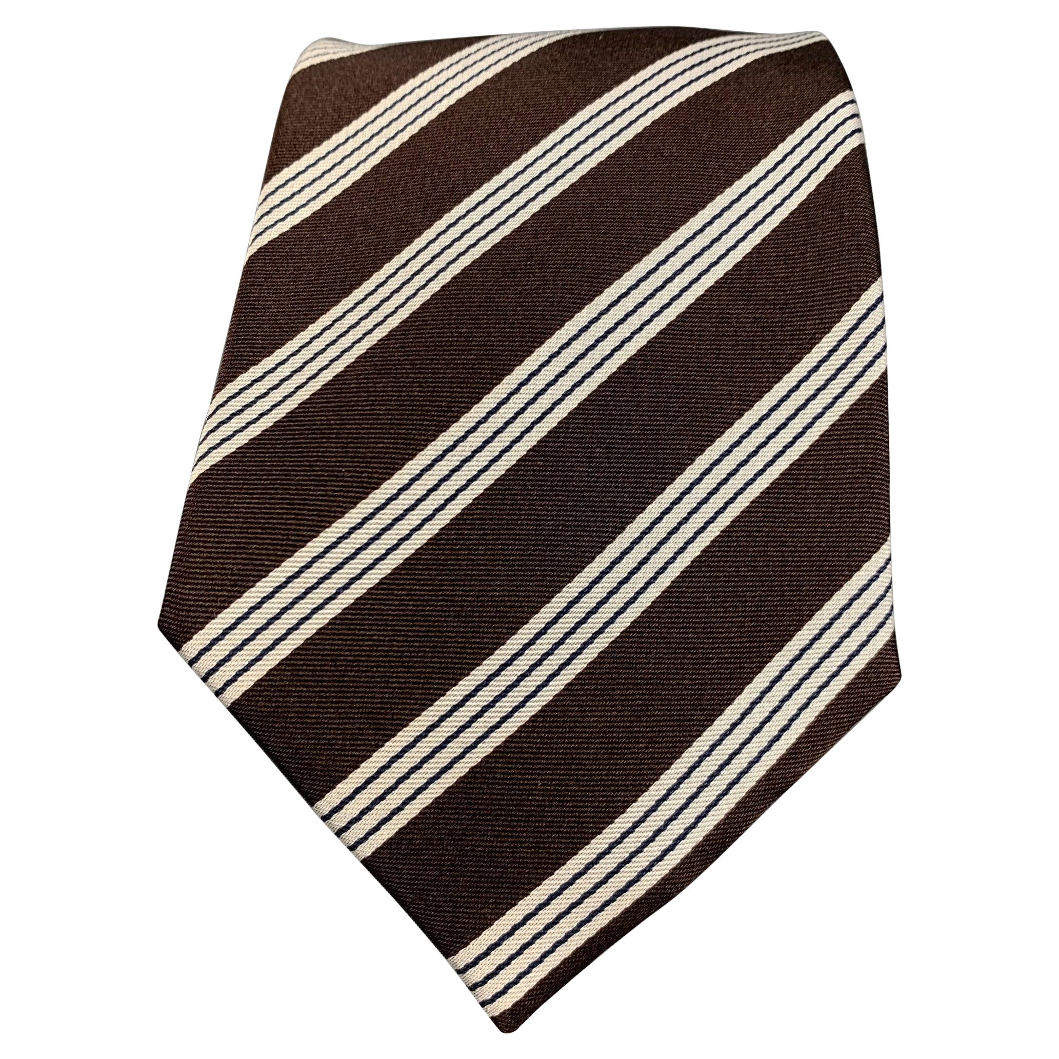 LUCIANO BARBERA Brown White Stripe Silk Tie For Sale