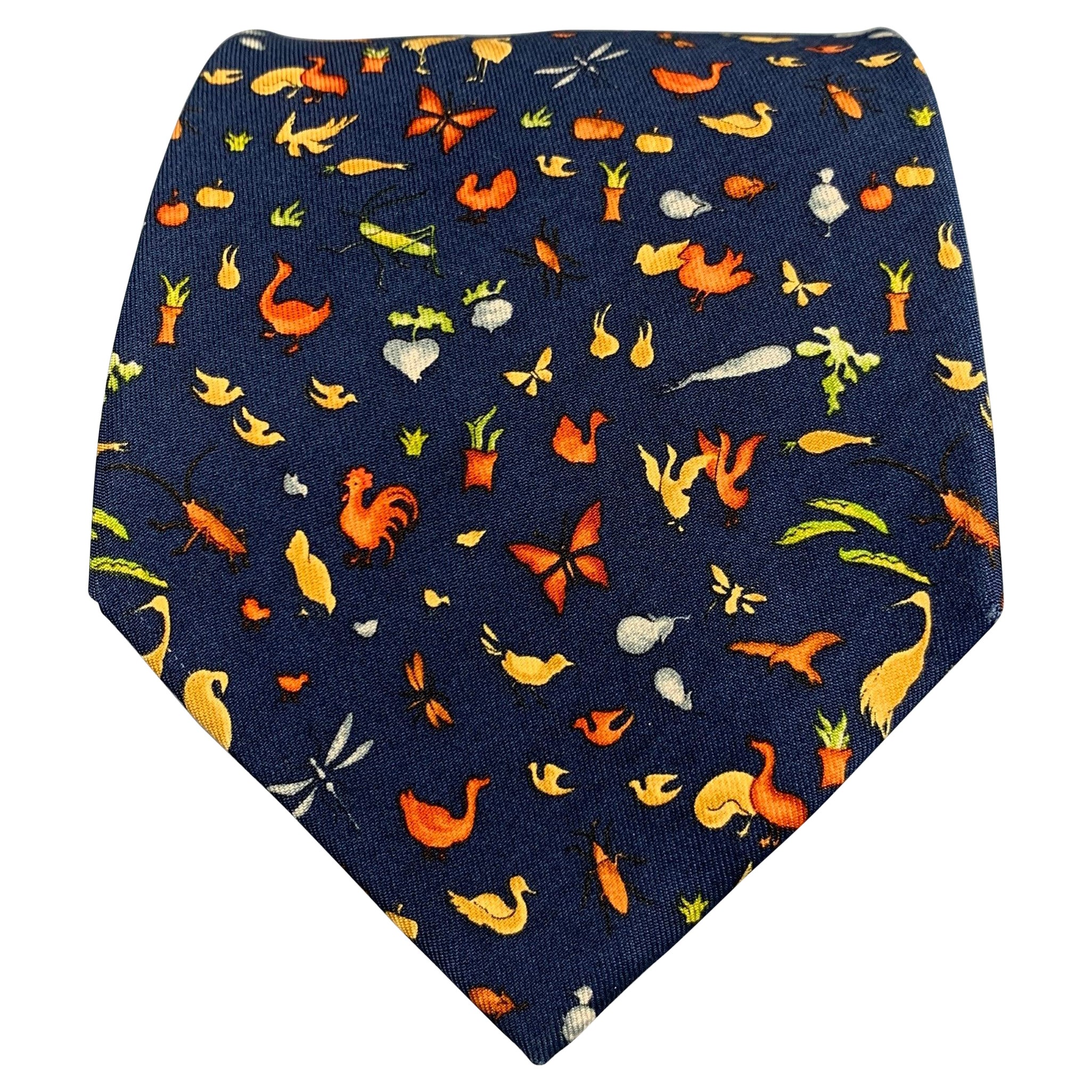 SALVATORE FERRAGAMO Navy Orange Animals Silk Tie For Sale
