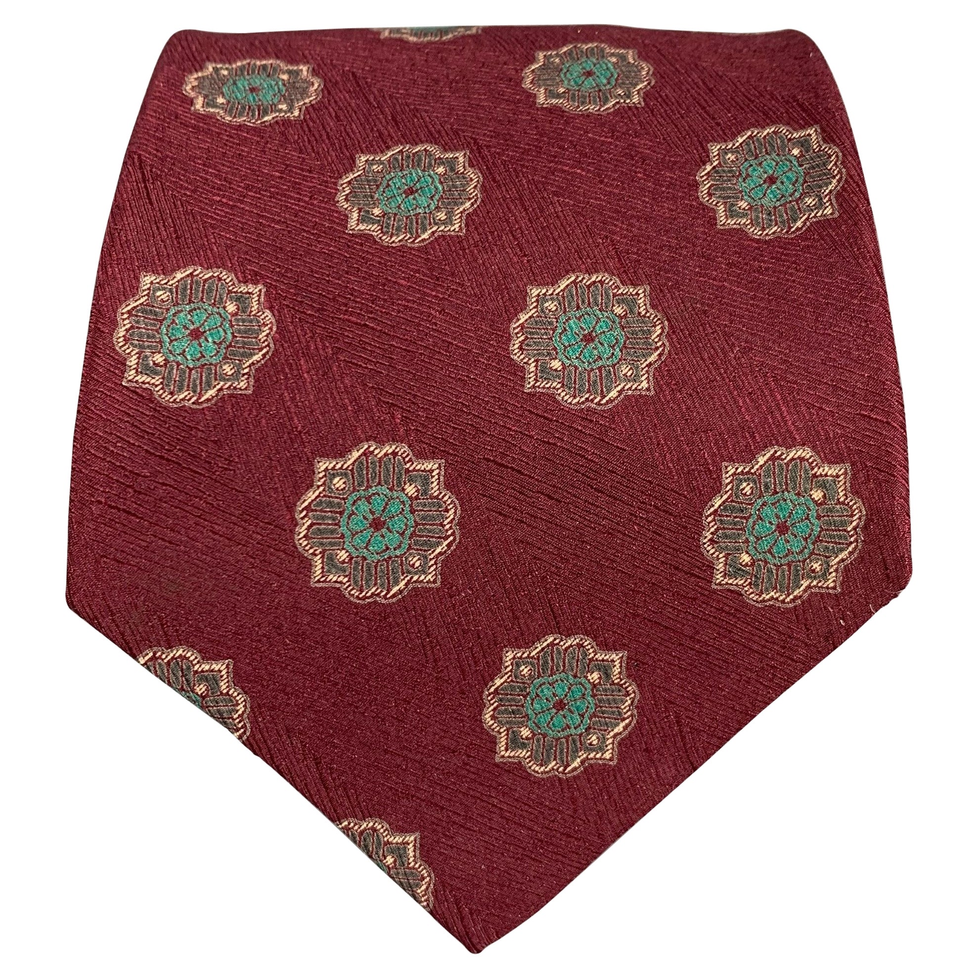 GIORGIO ARMANI Burgundy Green Abstract Floral Silk Tie For Sale