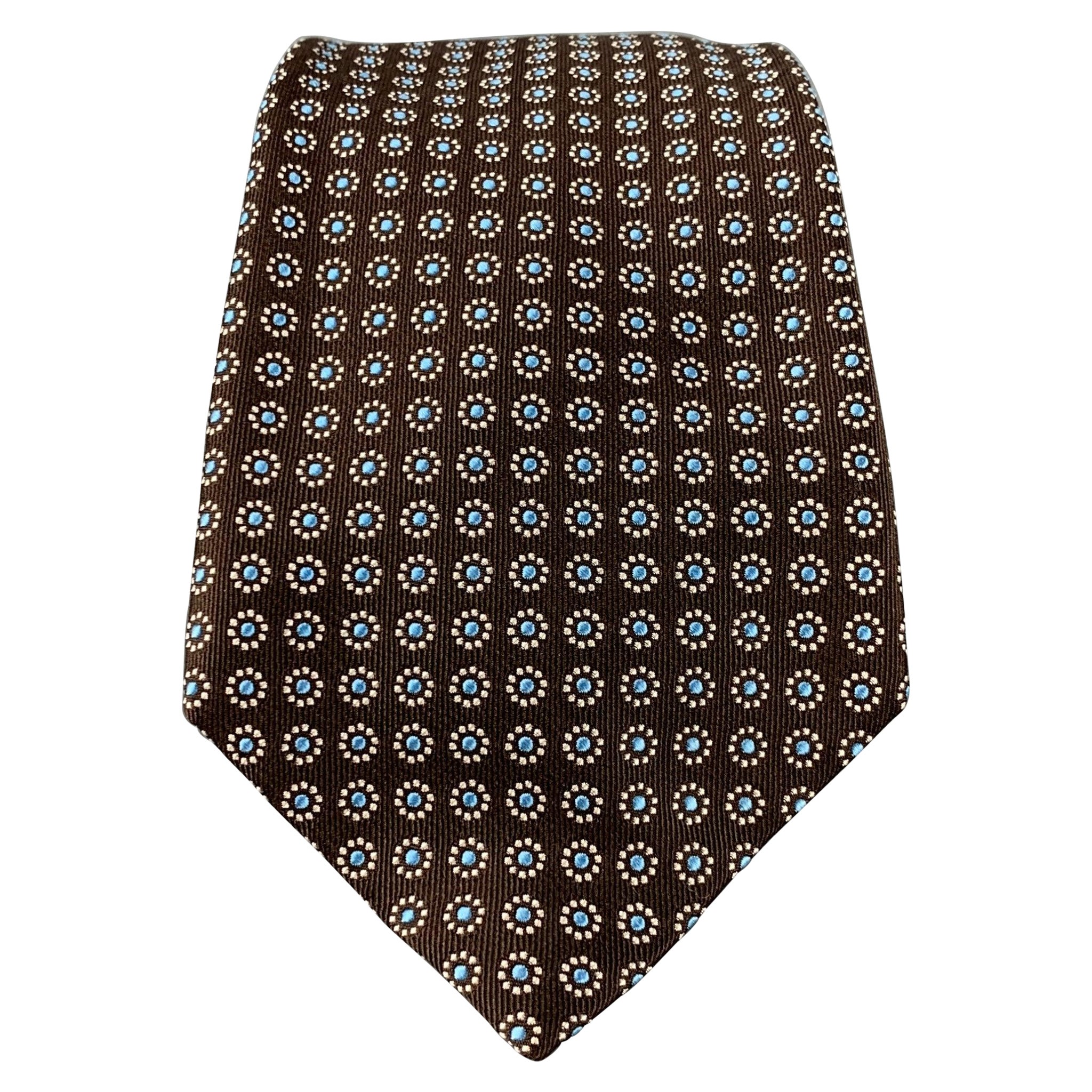 BARNEYS NEW YORK Brown White Light Blue Abstract Floral Silk Tie For Sale