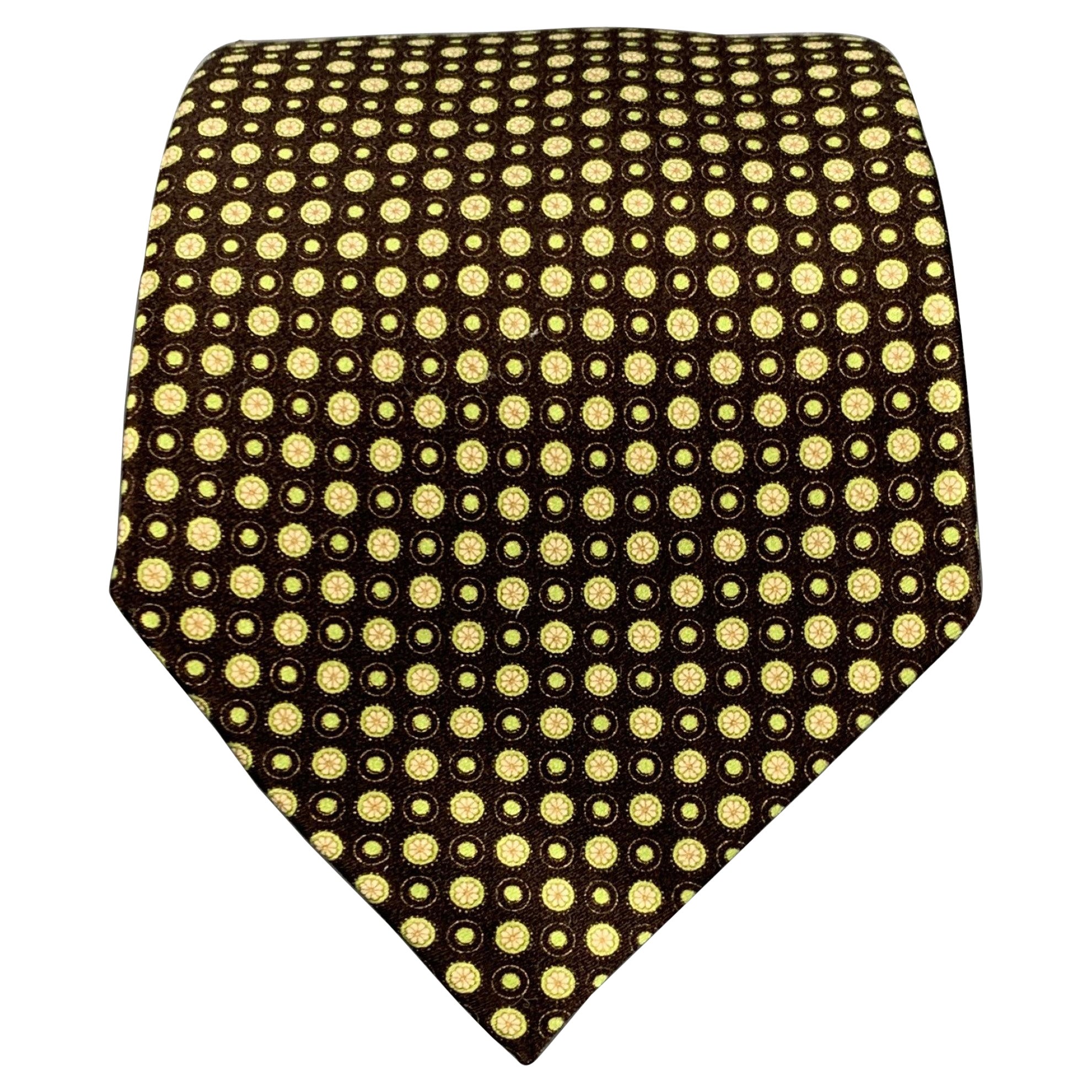 ERMENEGILDO ZEGNA Brown Green Dots Silk Satin Tie For Sale