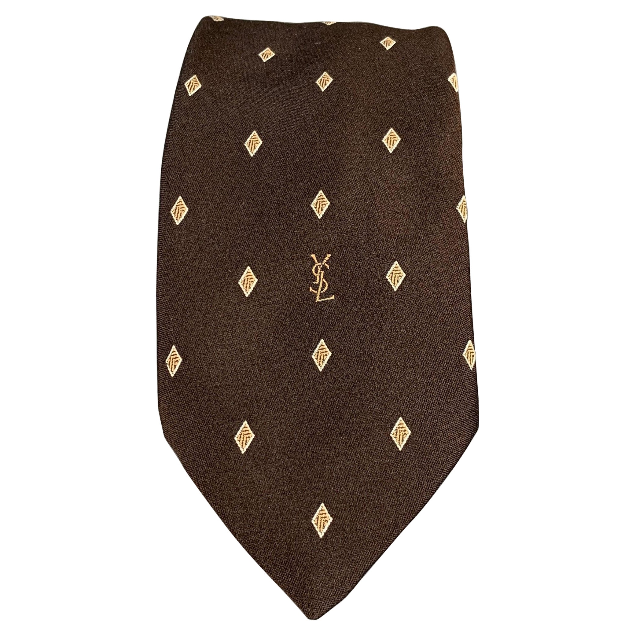 YVES SAINT LAURENT Brown Yellow Diamond Silk Jacquard Tie For Sale