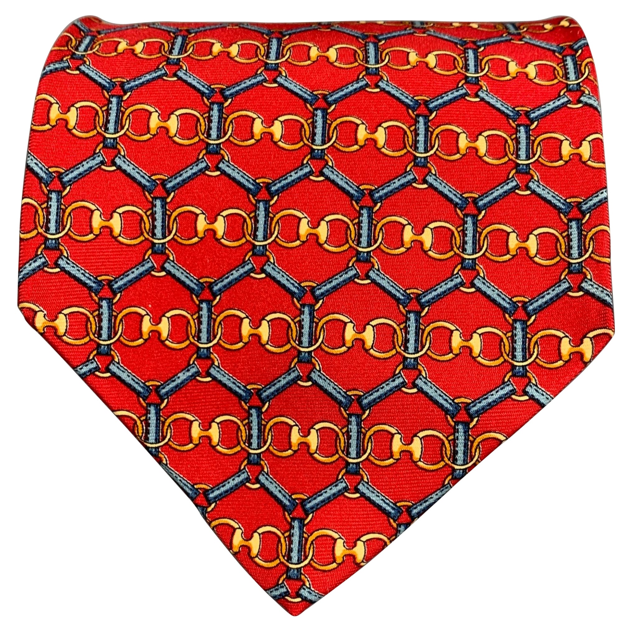 GUCCI Red Multi-Color Chain Link Silk Tie For Sale