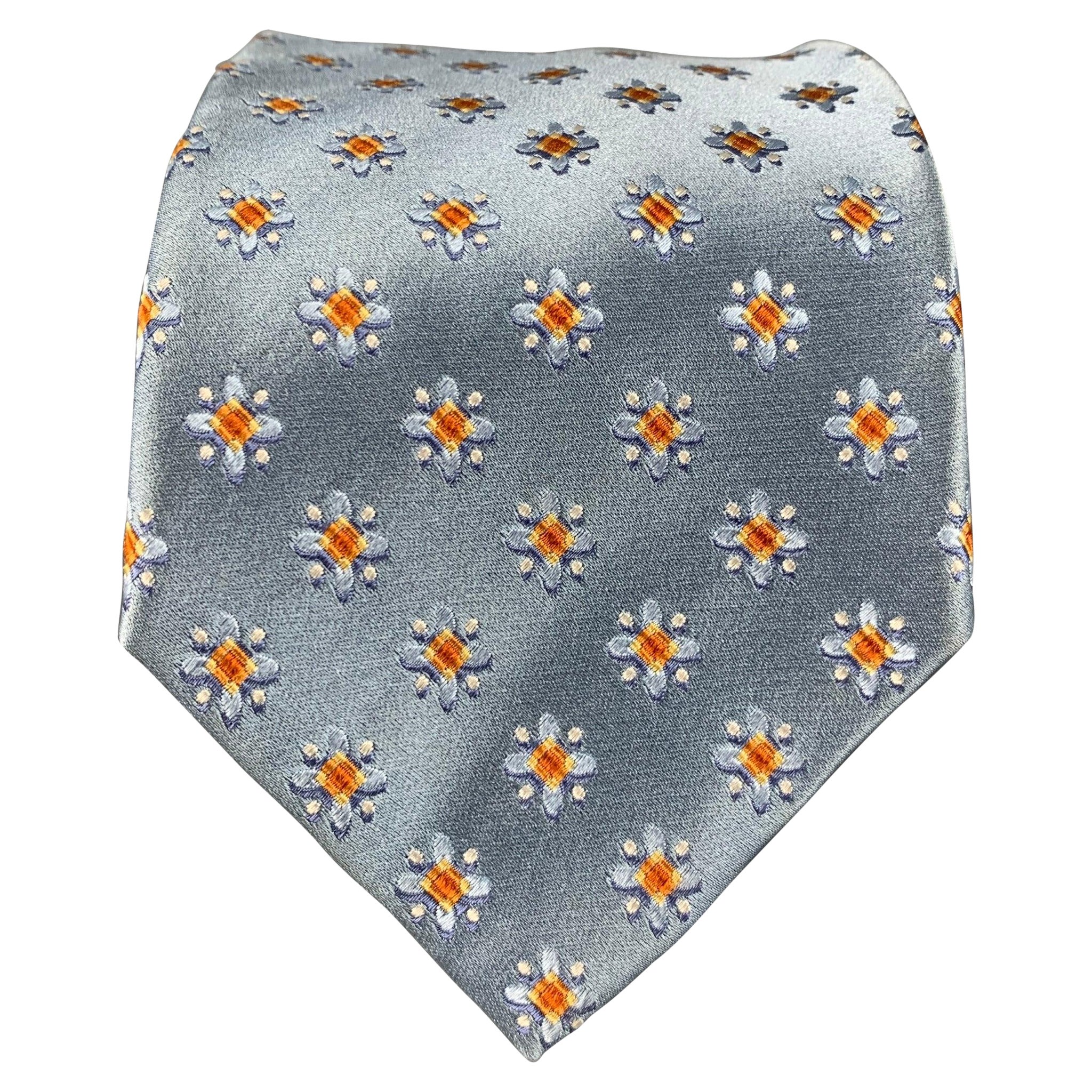 ERMENEGILDO ZEGNA Blue Orange Abstract Floral Silk Satin Tie For Sale