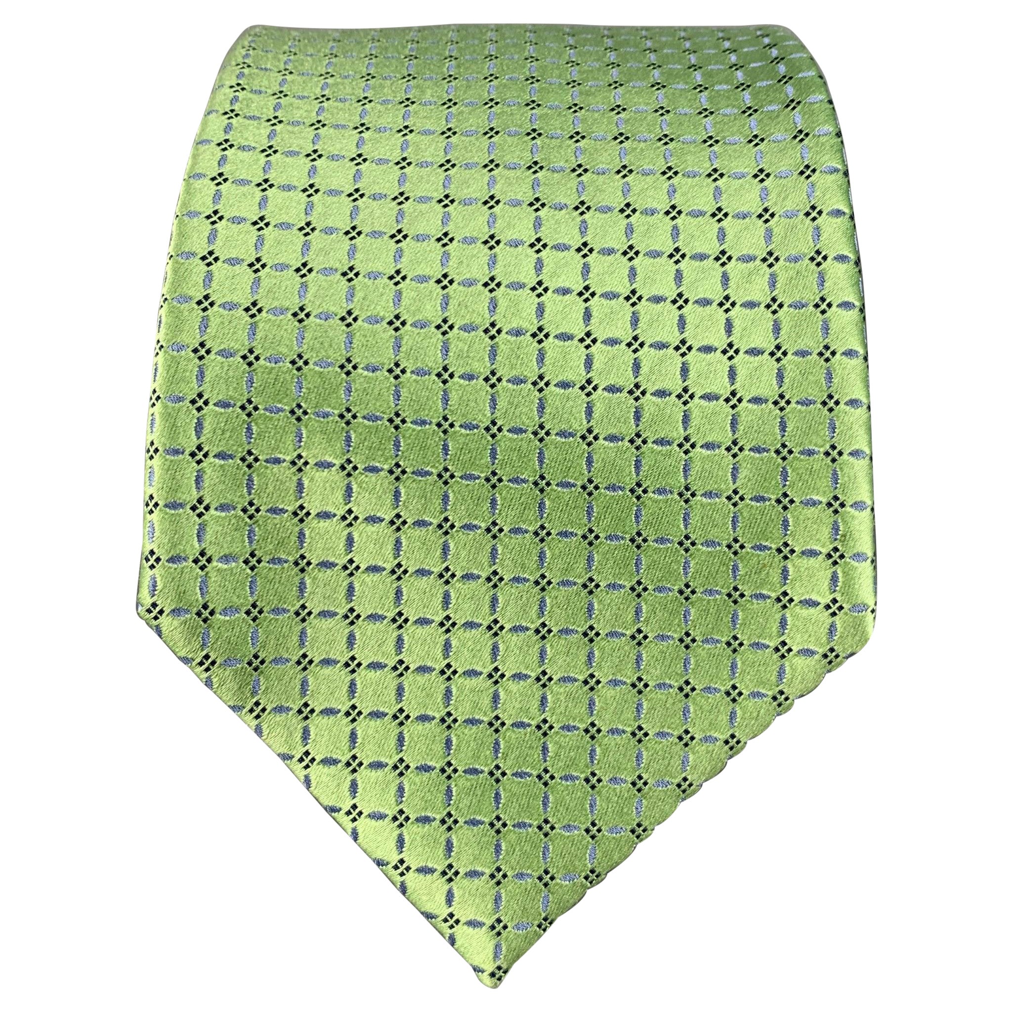 ERMENEGILDO ZEGNA Green Light Blue Squares Silk Satin Tie For Sale