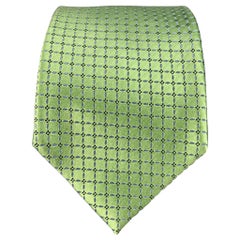ERMENEGILDO ZEGNA Green Light Blue Squares Silk Satin Tie