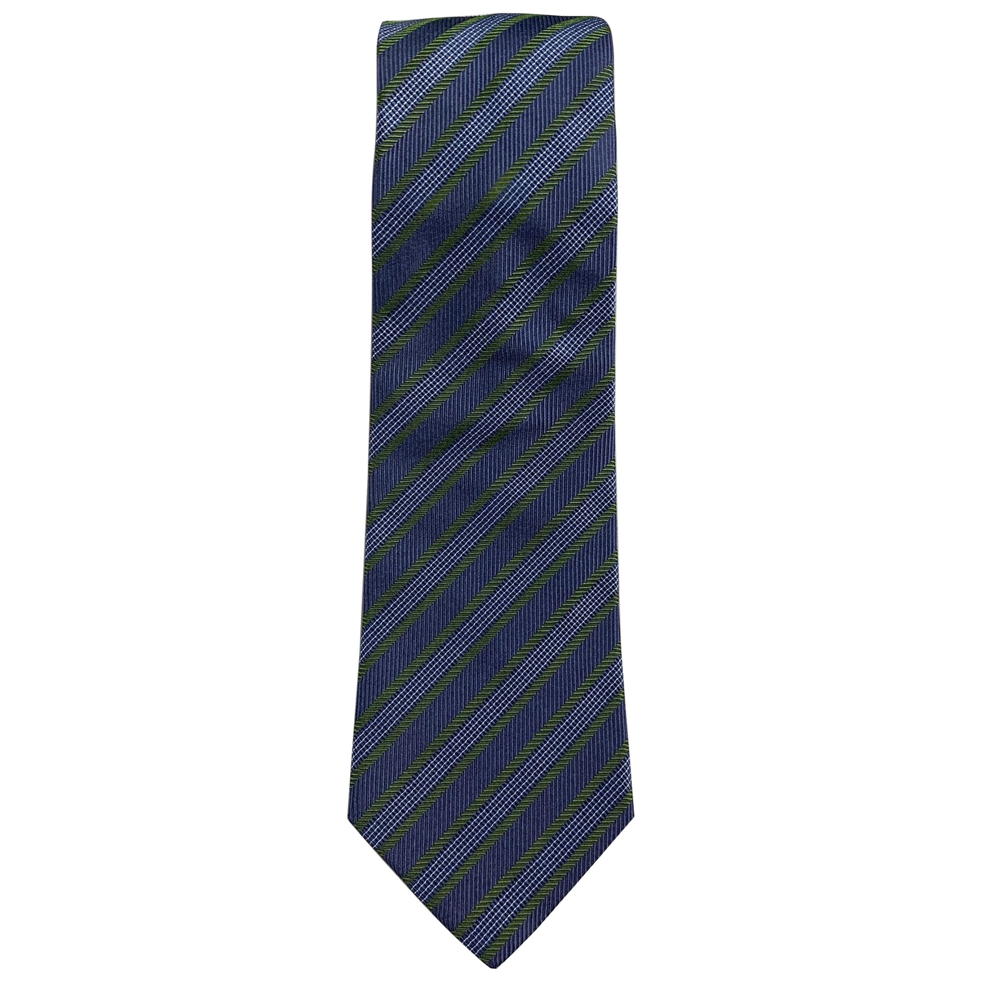 LUCIANO BARBERA Navy Green Diagonal Stripe Silk Tie For Sale