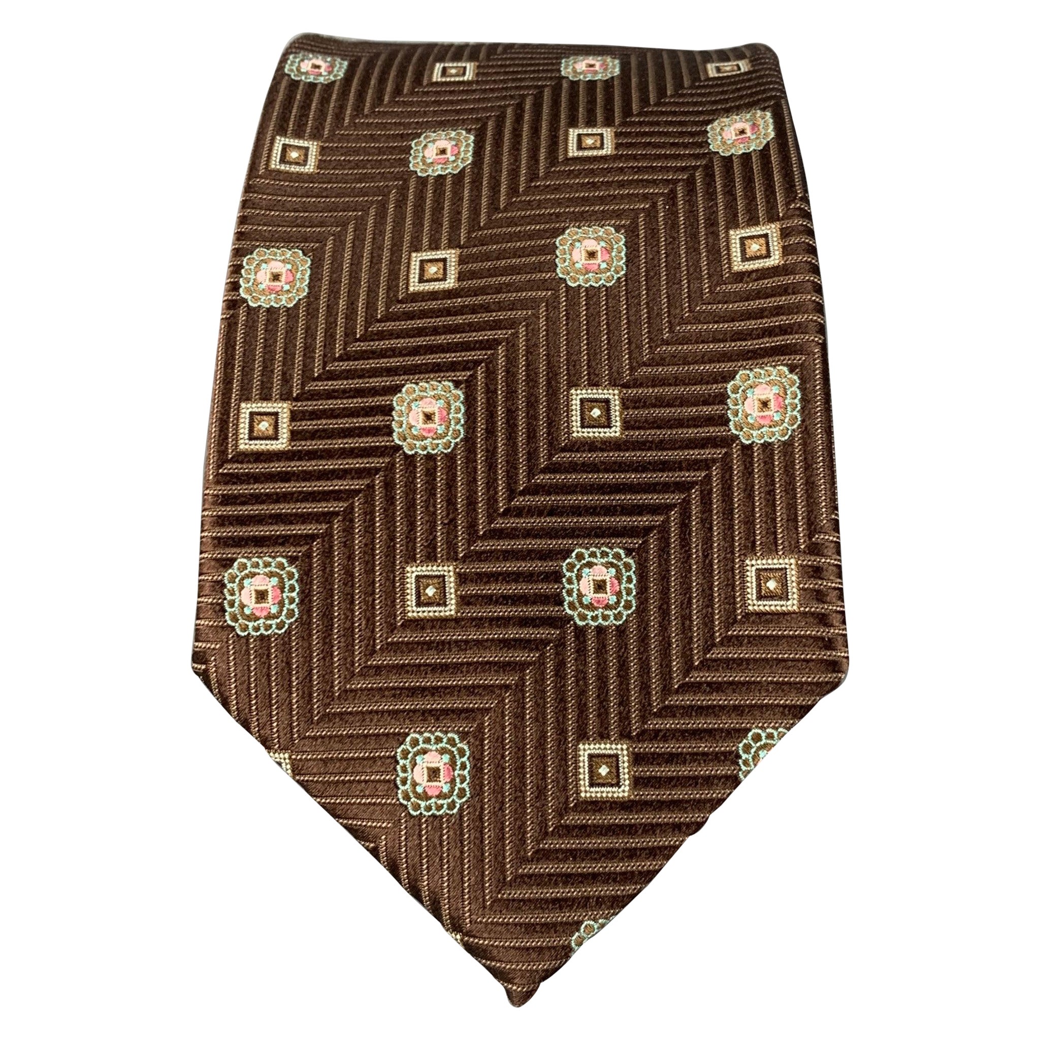 ERMENEGILDO ZEGNA Brown Tan Chevron Silk Tie For Sale