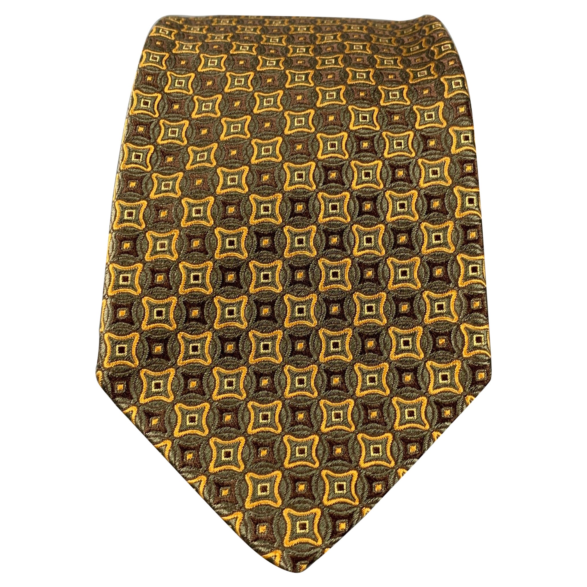 ERMENEGILDO ZEGNA Brown Gold Squares Silk Tie For Sale