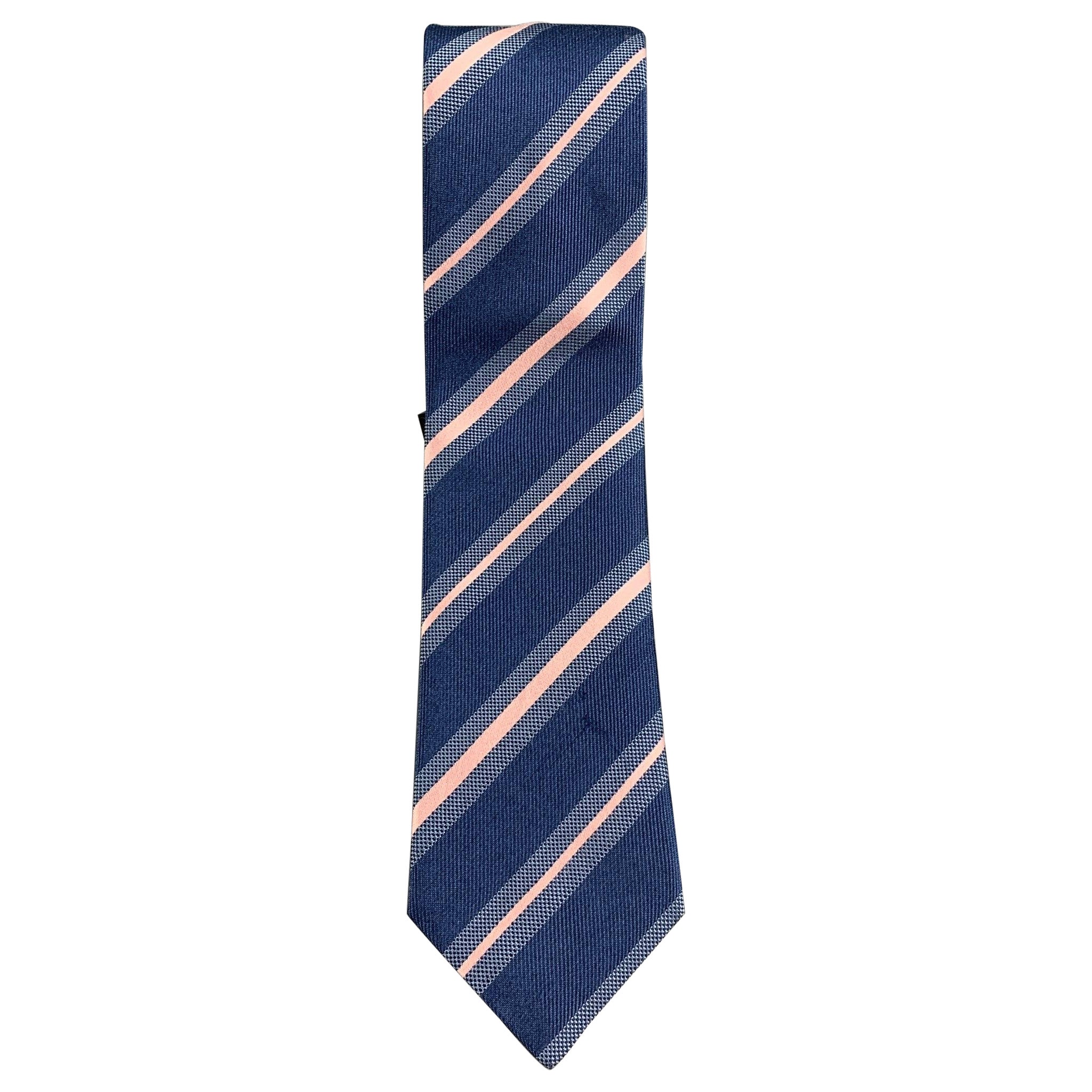 BRIONI Blue Pink Diagonal Stripe Silk Tie For Sale