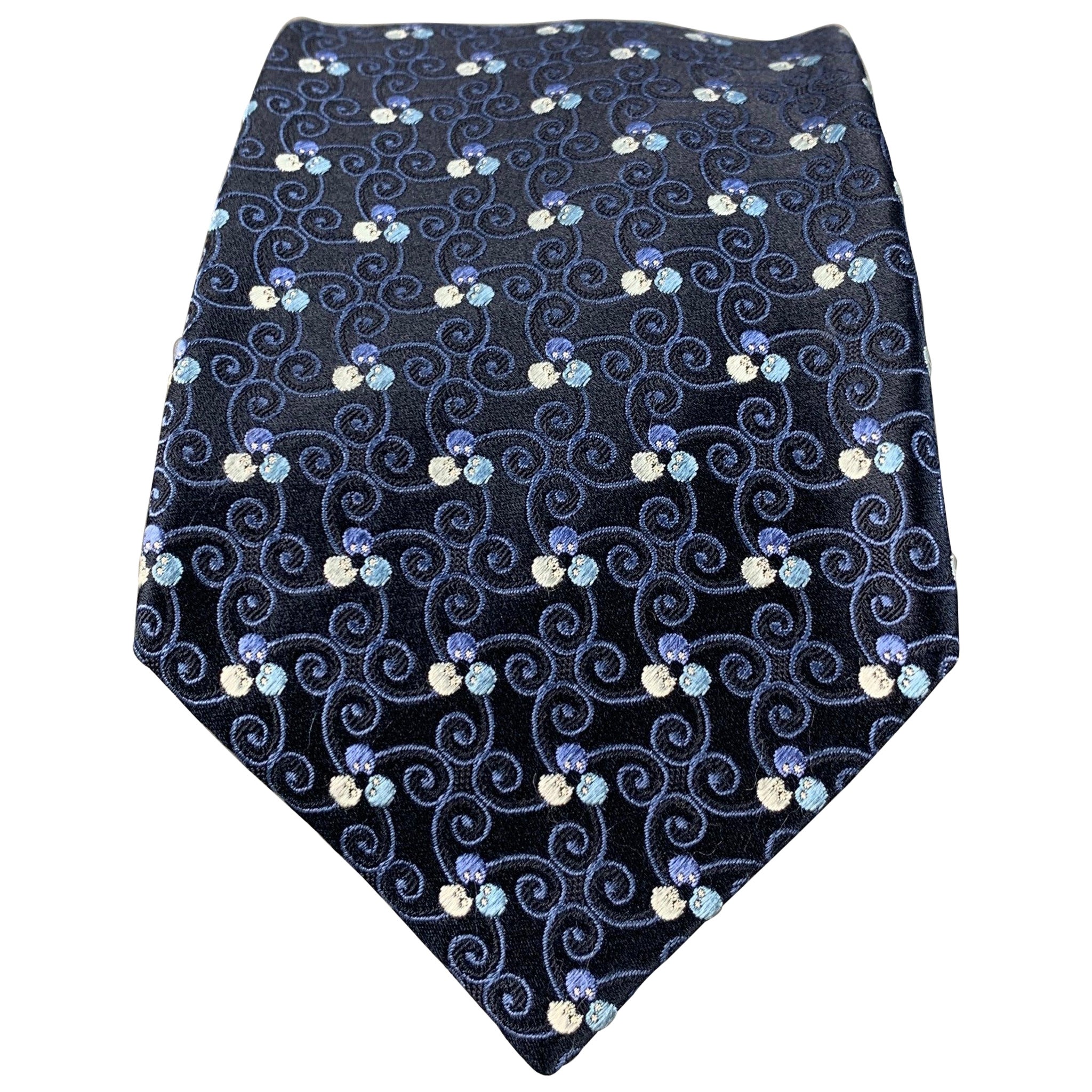 ERMENEGILDO ZEGNA Black Blue Swirls Silk Satin Tie For Sale