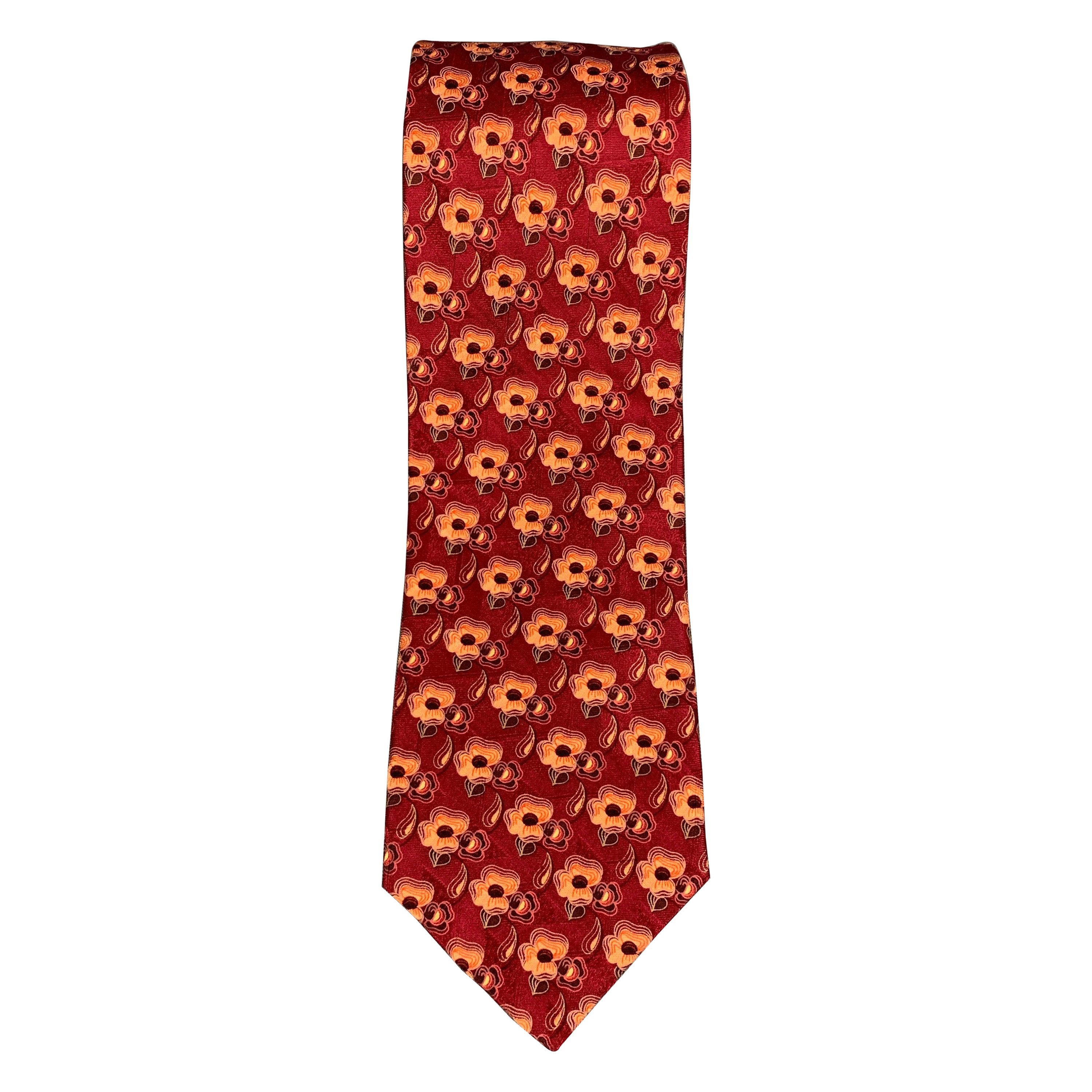 ERMENEGILDO ZEGNA Burgundy Orange Floral Silk Tie For Sale