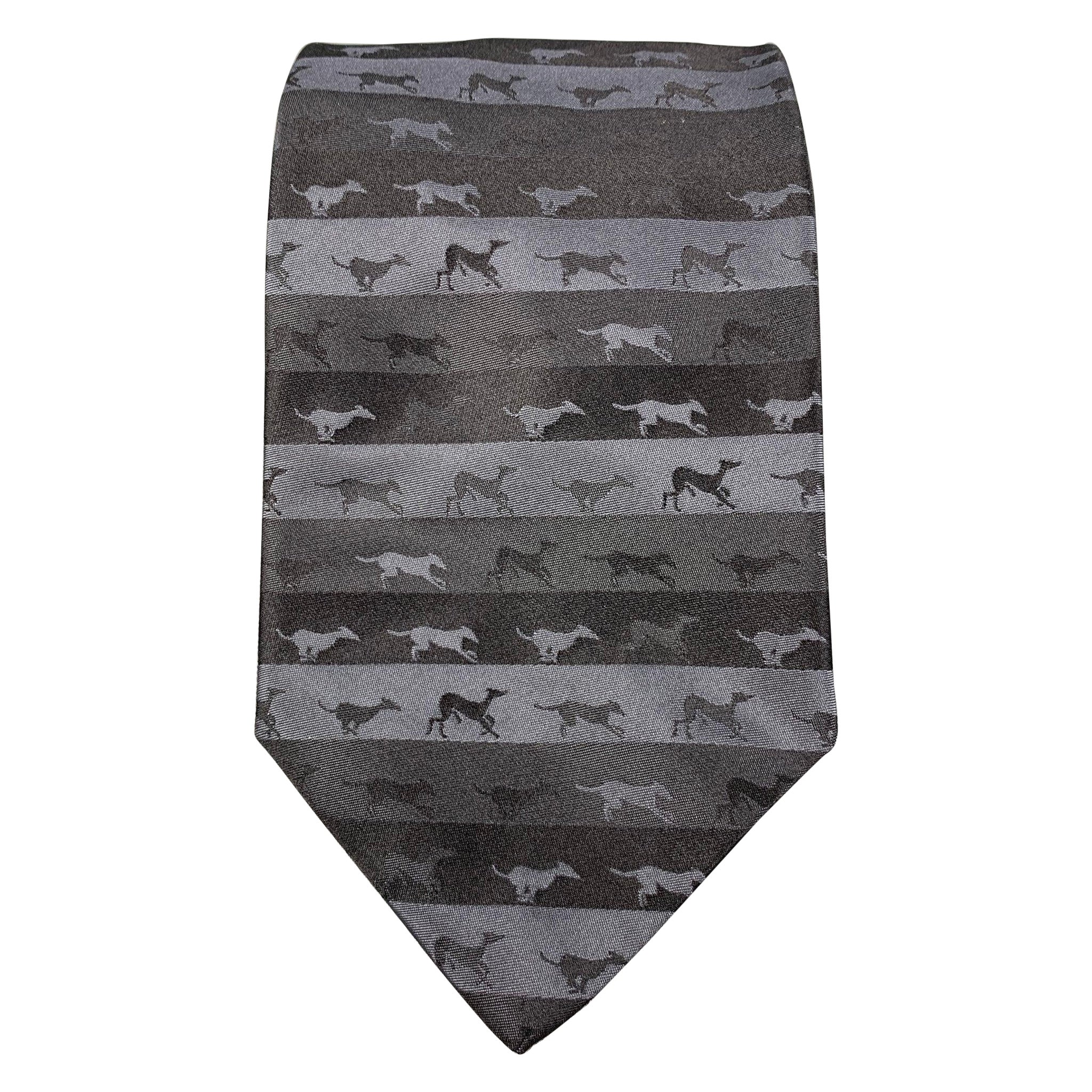 TRUSSARDI Black & Grey "Dogs" Striped Silk Tie For Sale