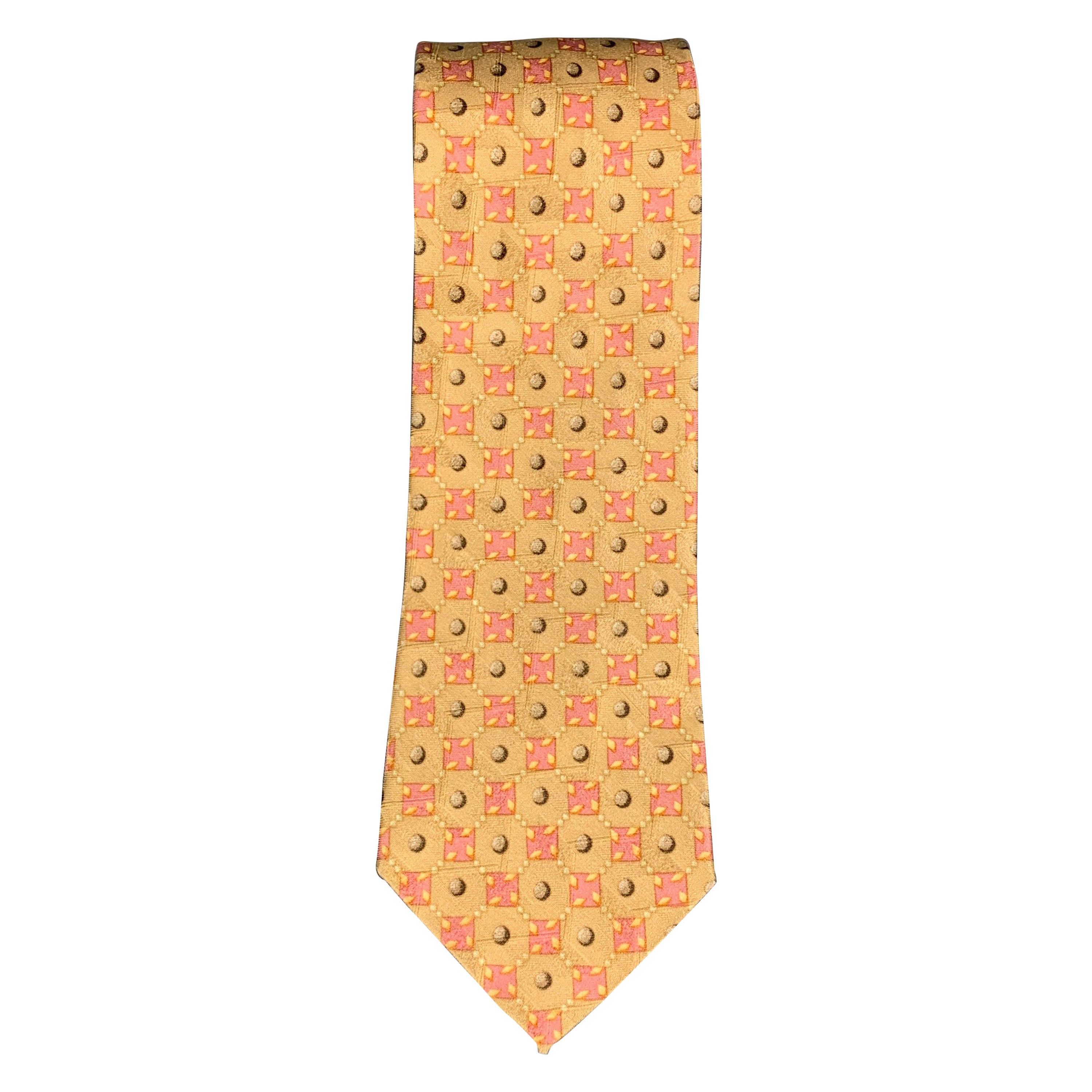 ERMENEGILDO ZEGNA Beige Pink Squares Silk Tie For Sale