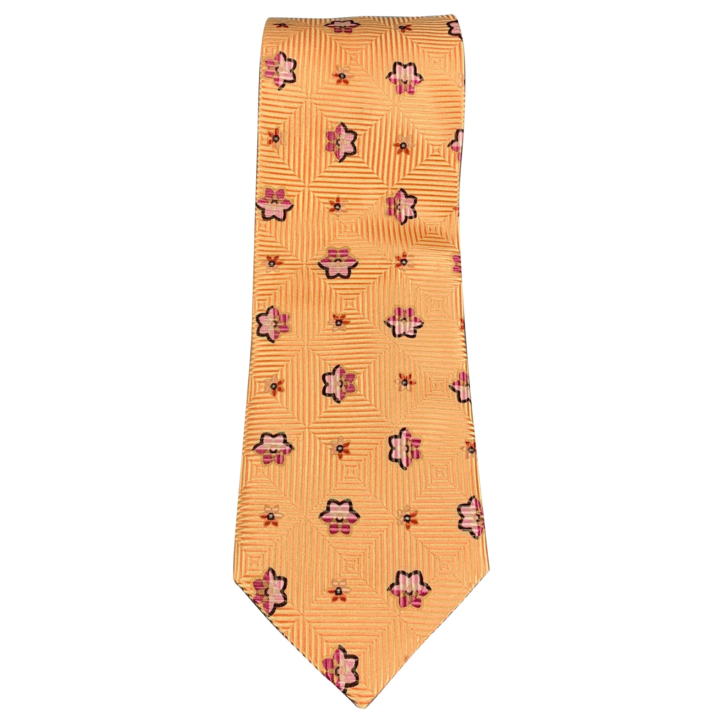ERMENEGILDO ZEGNA Orange Pink Floral Silk Tie For Sale