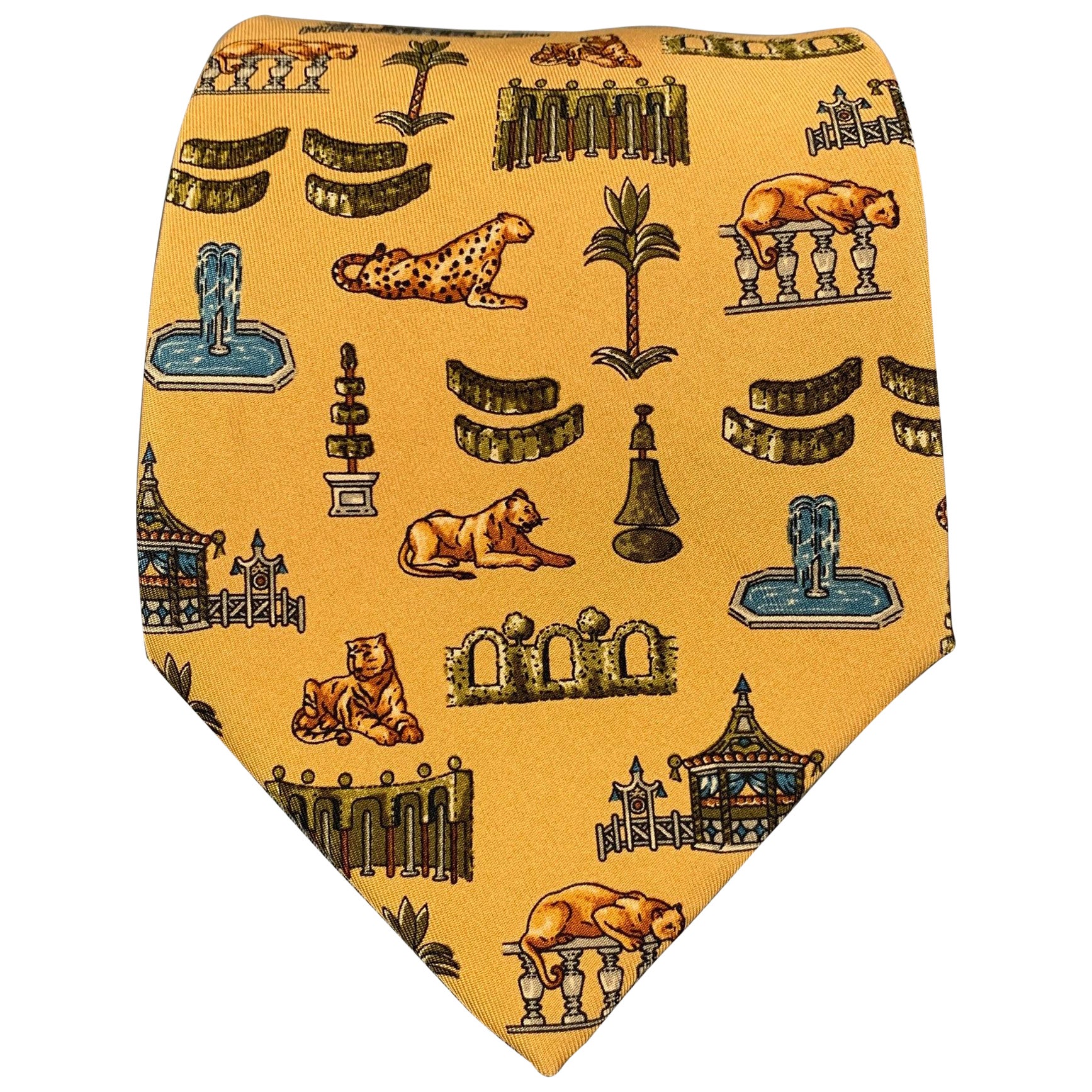 SALVATORE FERRAGAMO Yellow Multicolour Tapestry Silk Tie For Sale
