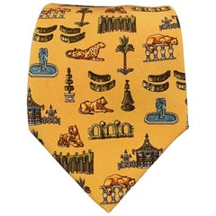 SALVATORE FERRAGAMO Yellow Multicolour Tapestry Silk Tie