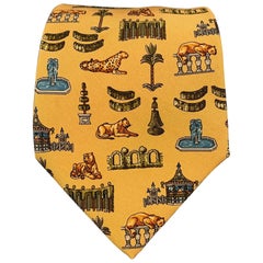 SALVATORE FERRAGAMO Yellow Multicolour Tapestry Silk Tie