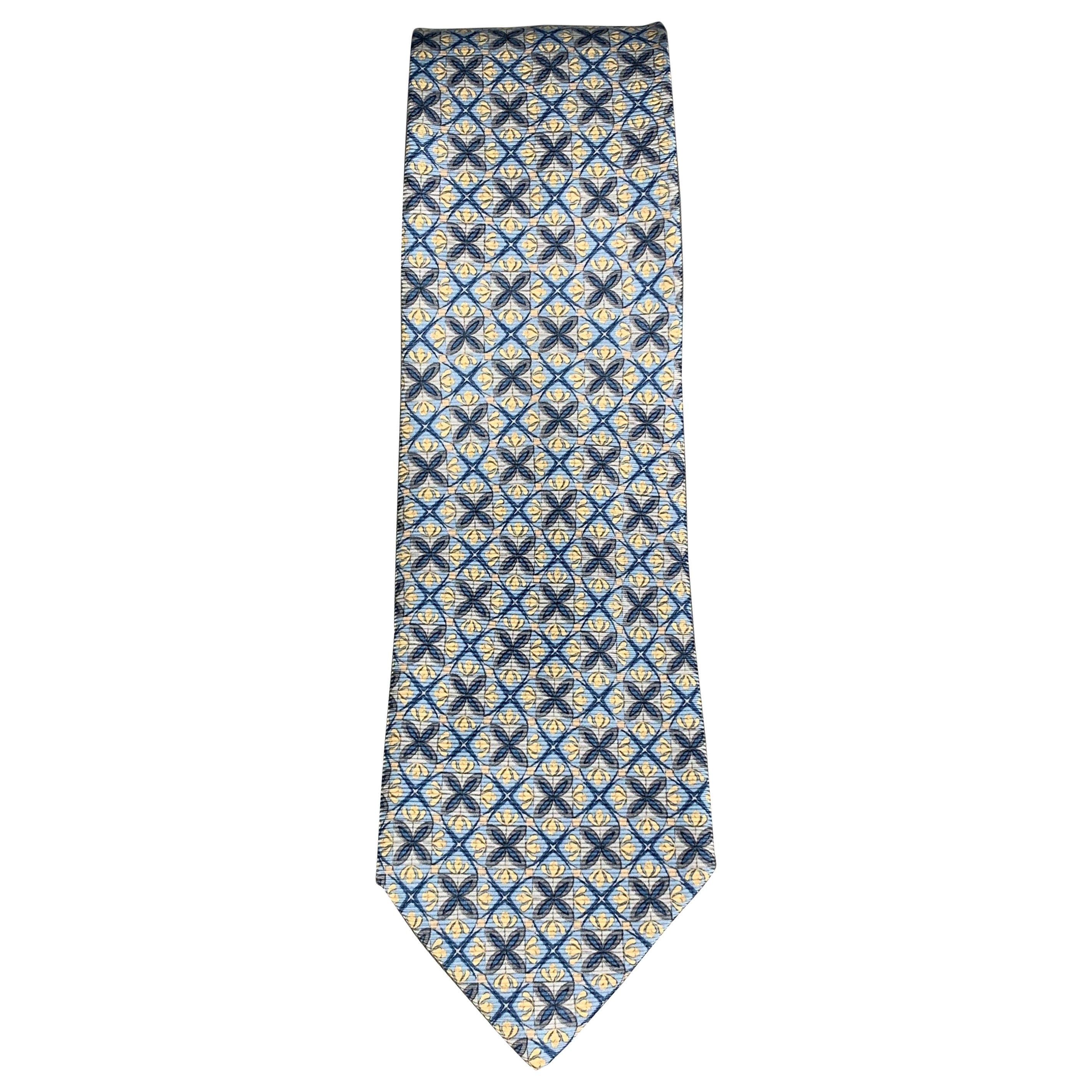 ERMENEGILDO ZEGNA Blue Yellow Abstrack Floral Silk Tie For Sale