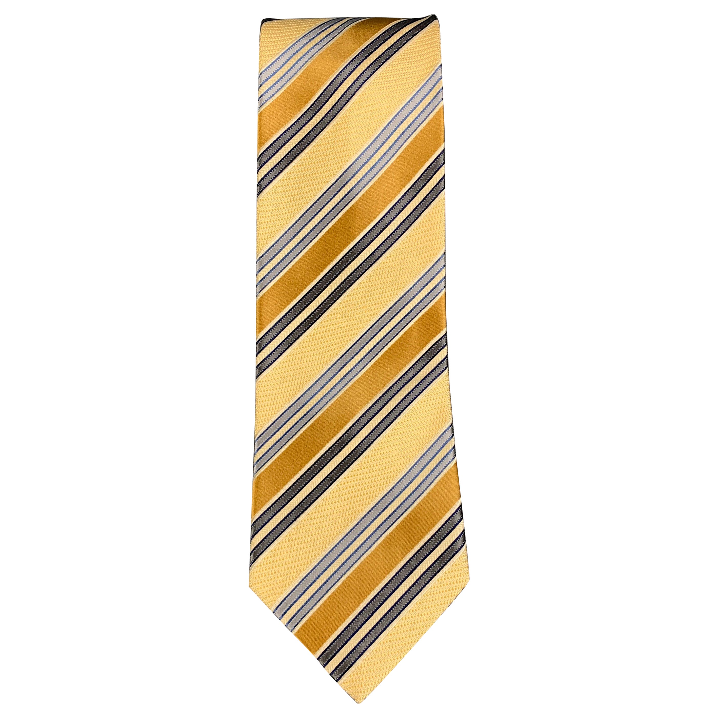 ERMENEGILDO ZEGNA Yellow Grey Diagonal Stripe Silk / Cotton Tie For Sale